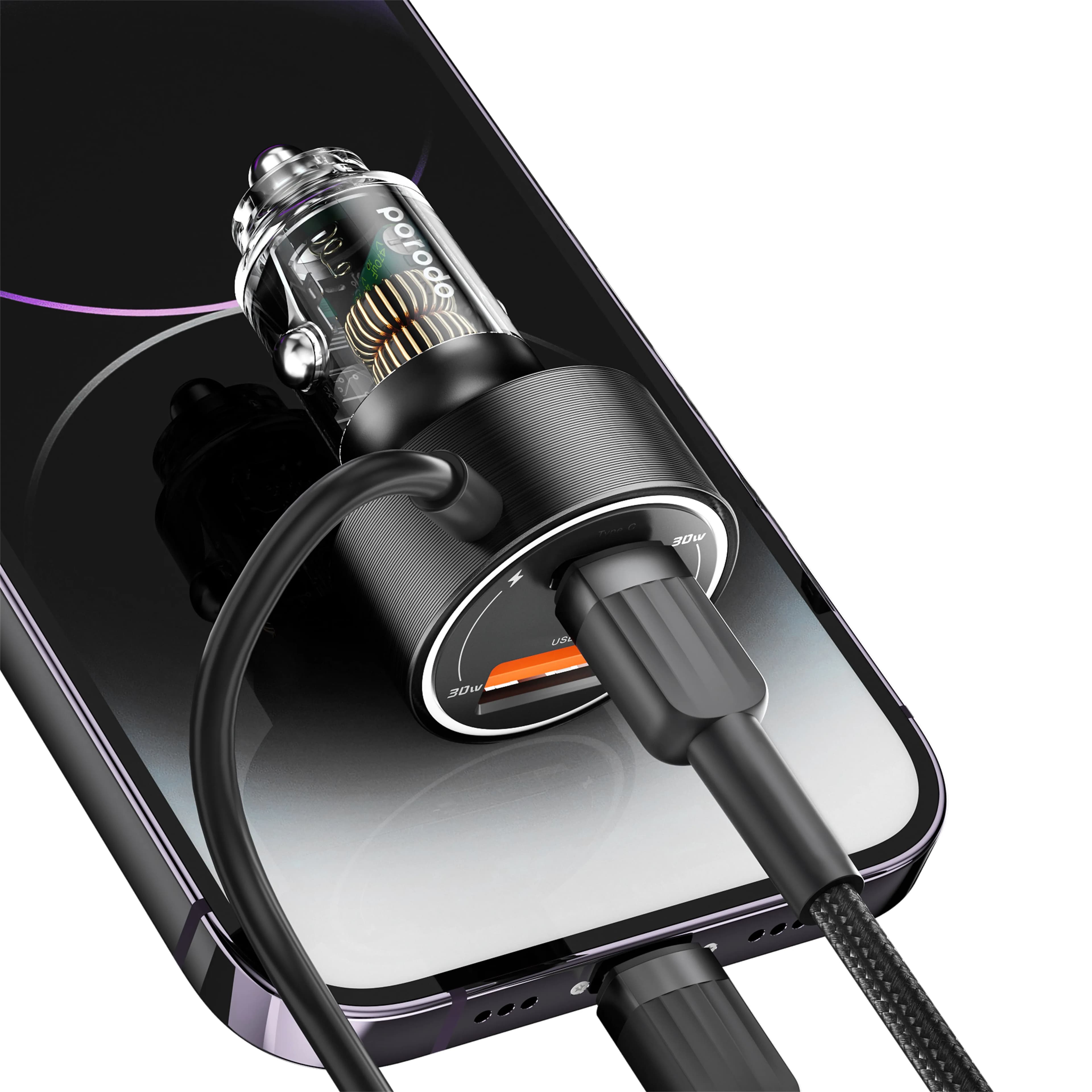 Porodo 60W Transparent Dual Port Car Charger PD 30W QC 18W with Coil — Black 2