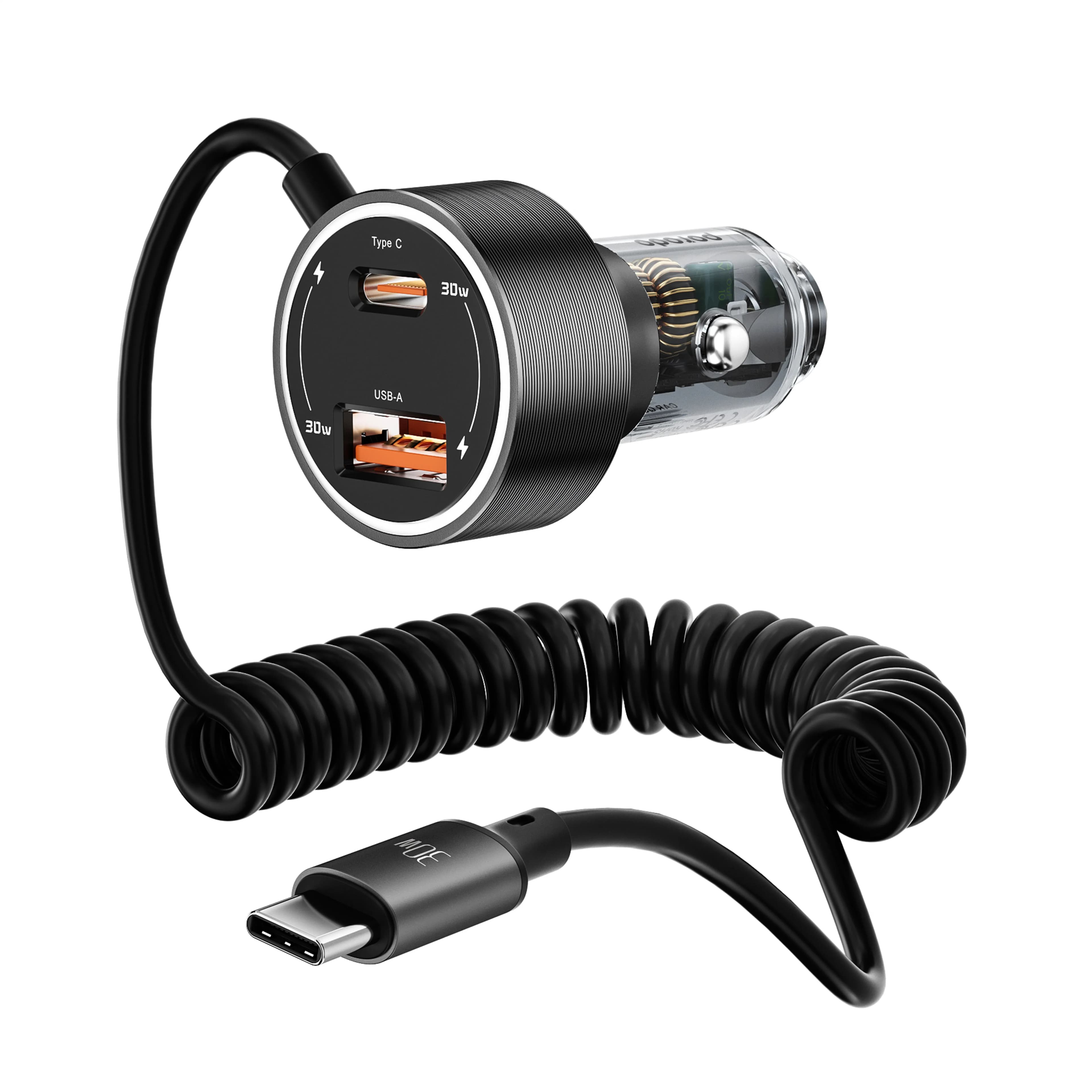 Porodo 60W Transparent Dual Port Car Charger PD 30W QC 18W with Coil — Black 3