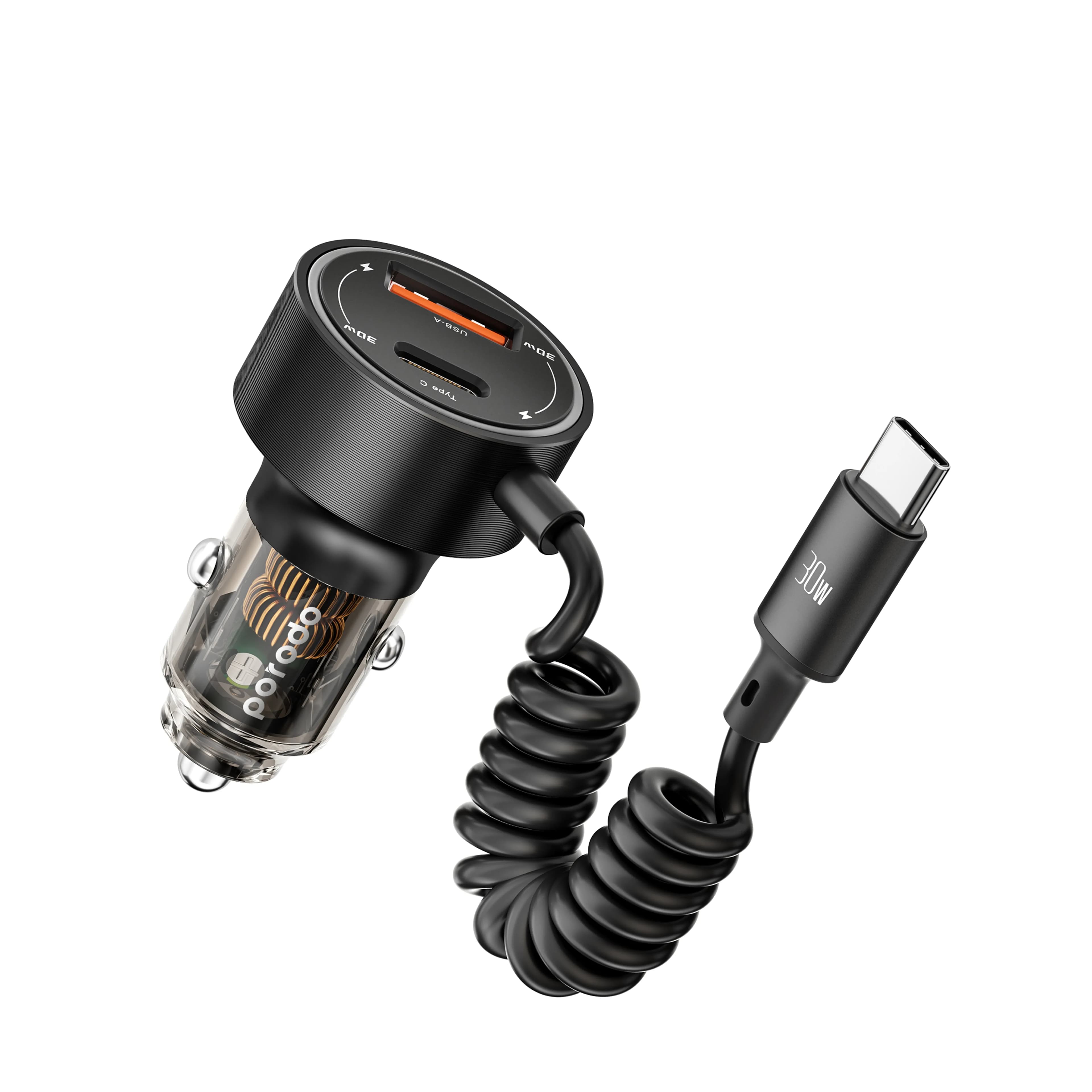 Porodo 60W Transparent Dual Port Car Charger PD 30W QC 18W with Coil — Black 5