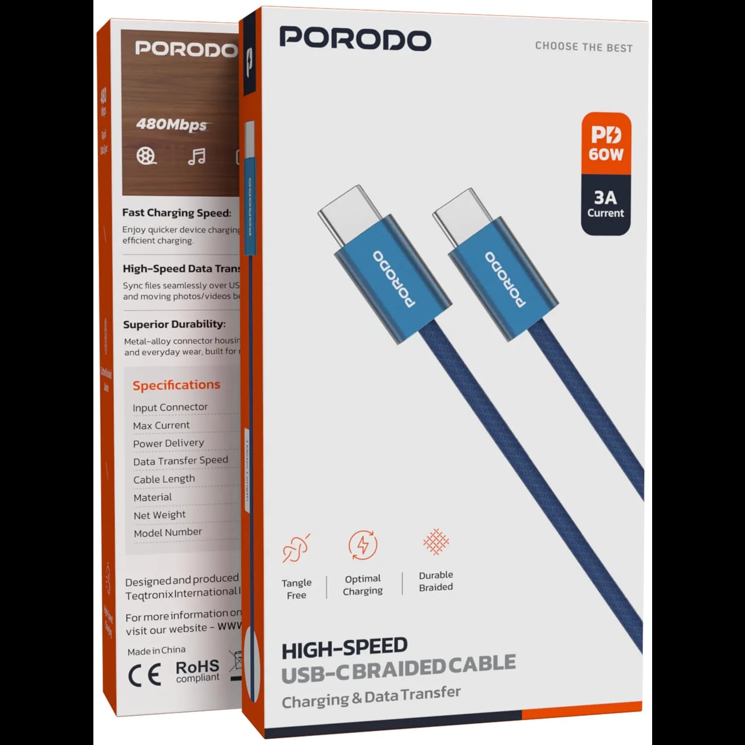 Porodo USB-C Cable - 60W Fast Charging, Blue 4