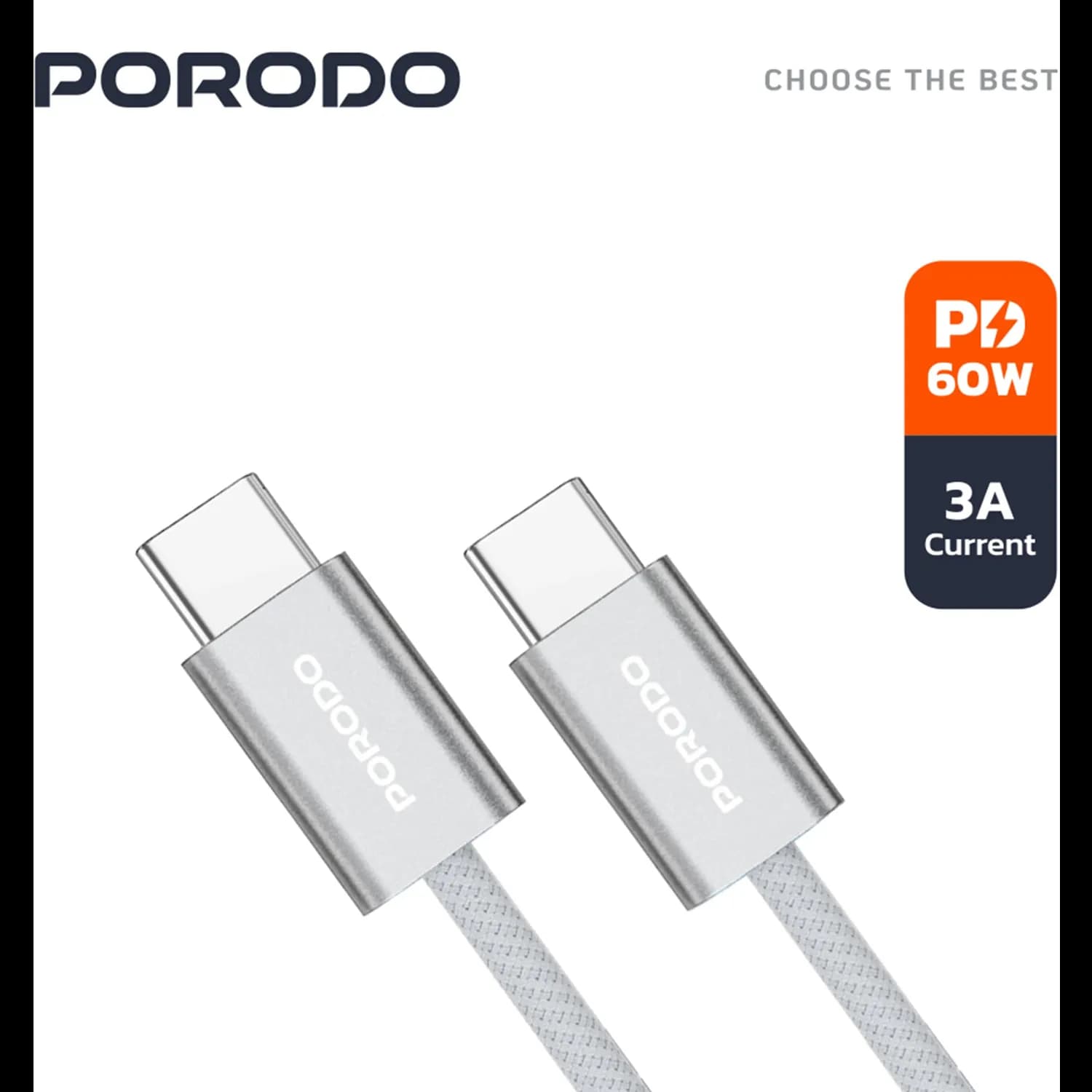 Porodo USB-C Cable - 60W Fast Charging, Silver 3