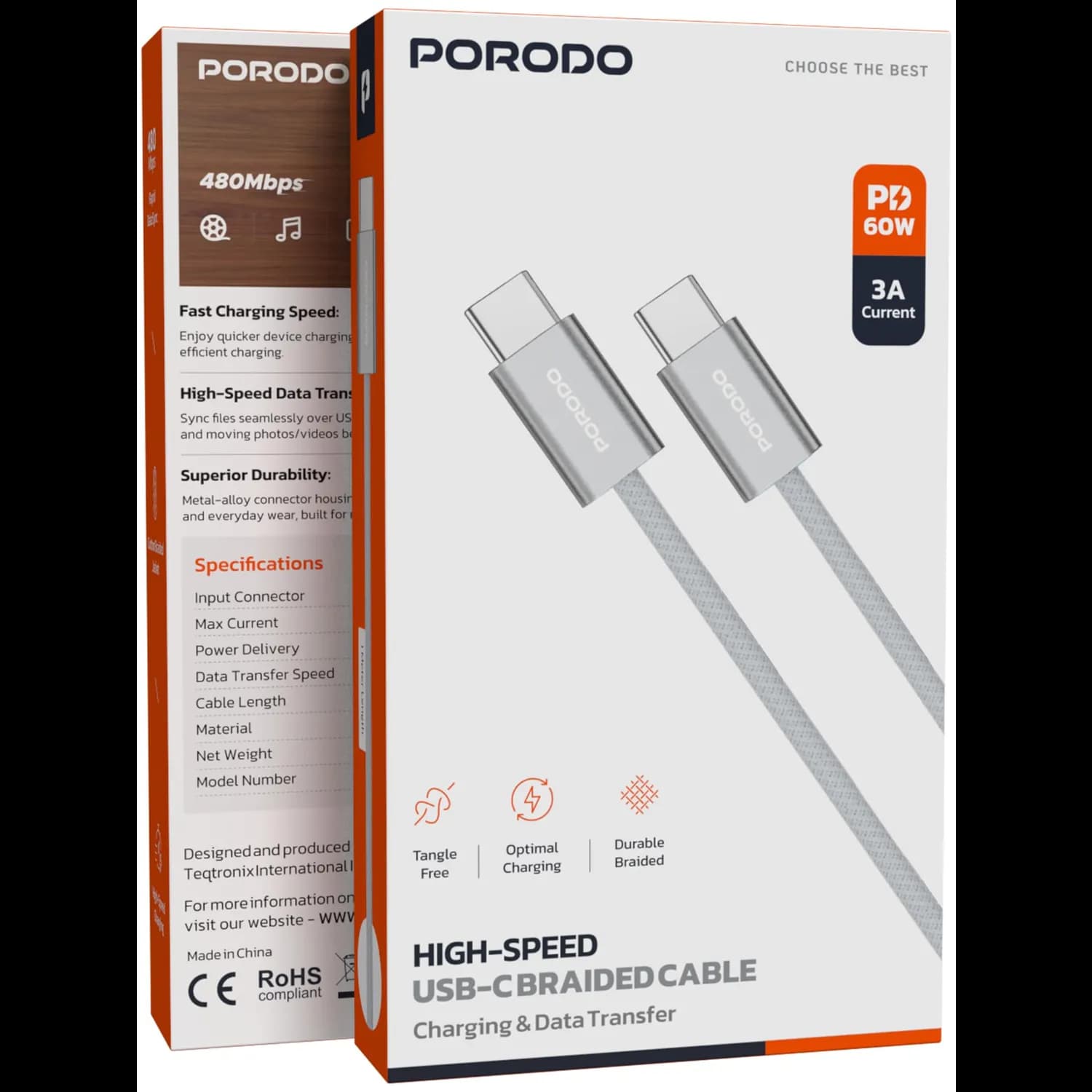 Porodo USB-C Cable - 60W Fast Charging, Silver 4