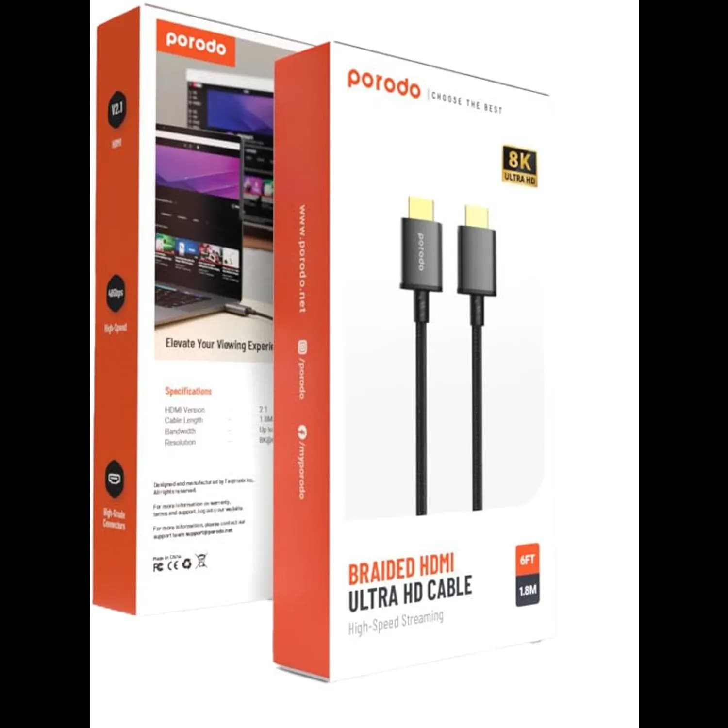 Porodo HDMI Cable - 8K 48Gbps, 1.8M, Black 2