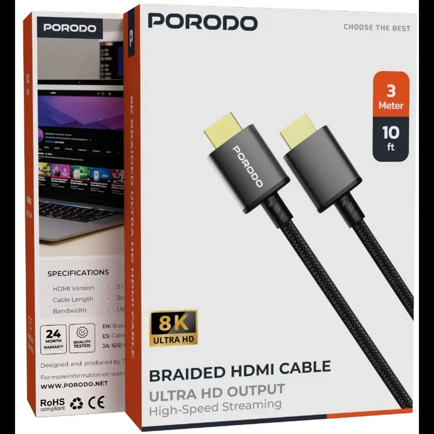 Porodo HDMI Cable - 8K 3M, HDMI 2.1, Black 3