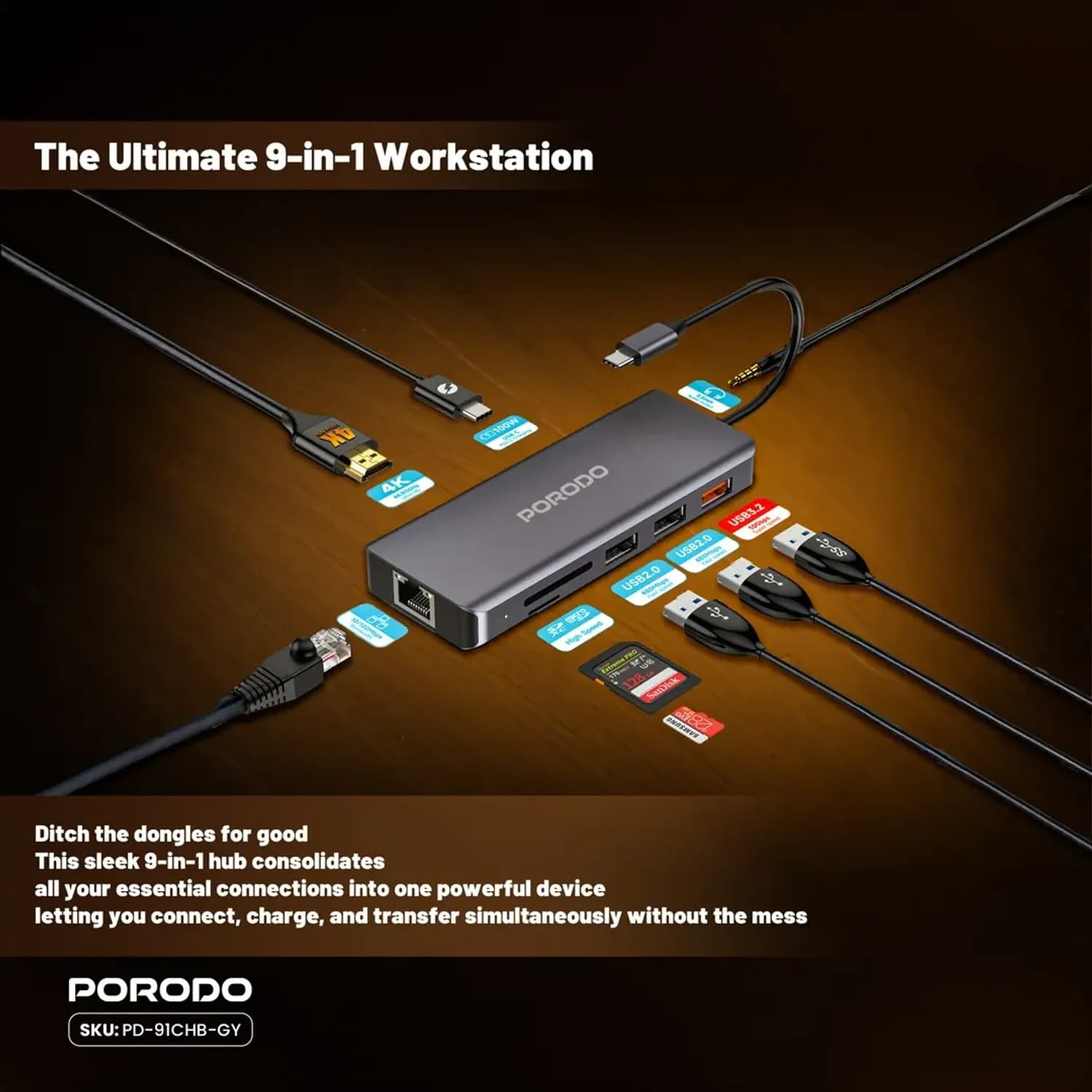 Porodo USB-C Hub - 9-in-1, 4K HDMI, 100W PD, Gray 5