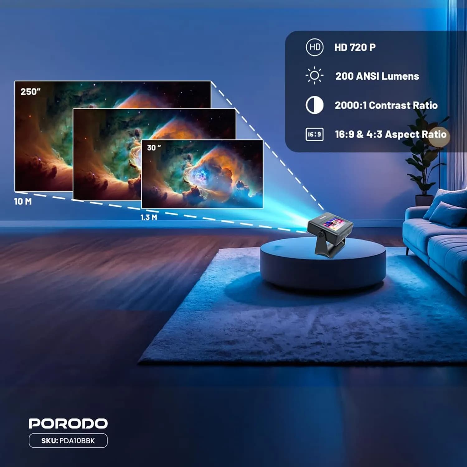 Porodo Smart HD Projector - 250" Screen, WiFi & Bluetooth 3