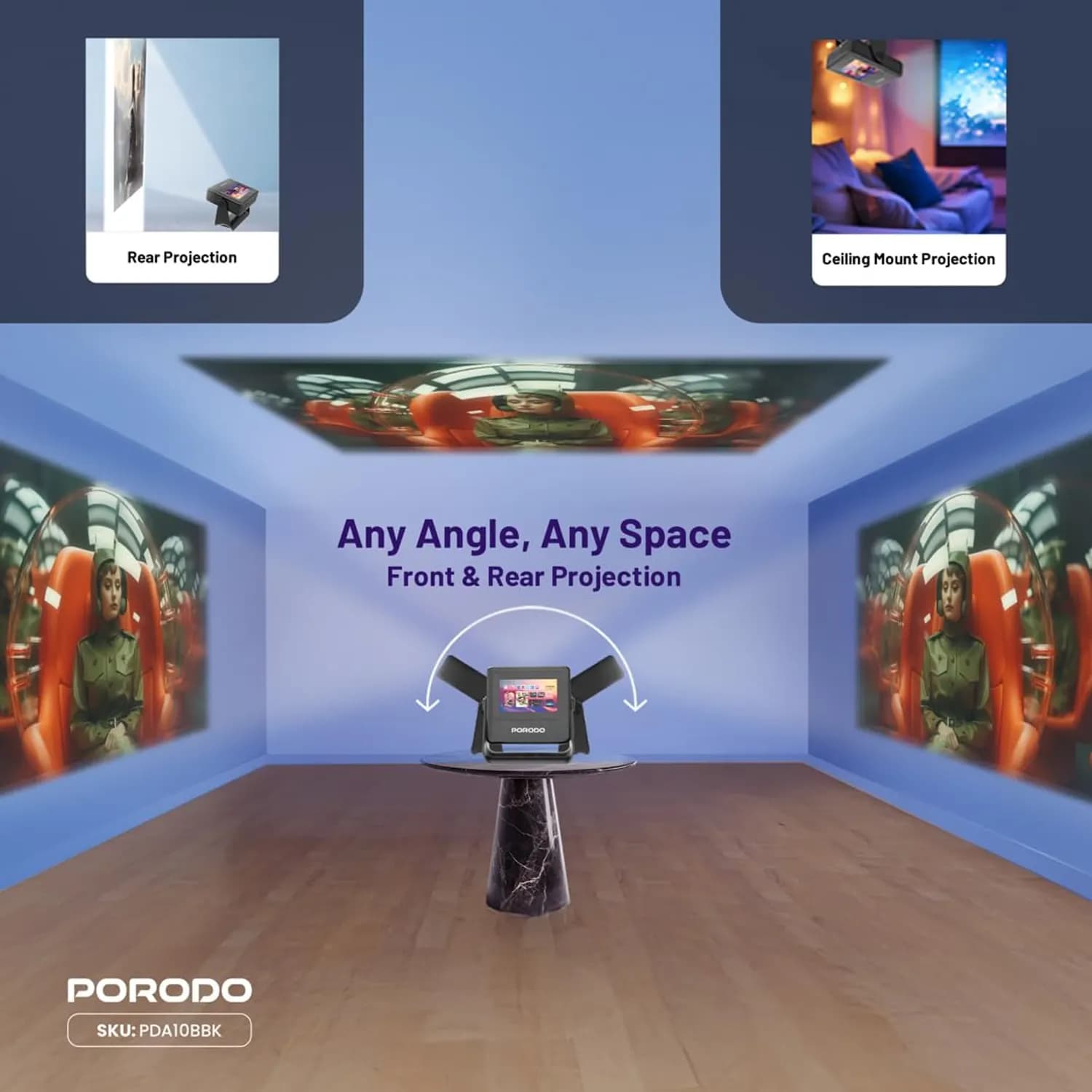 Porodo Smart HD Projector - 250" Screen, WiFi & Bluetooth 4