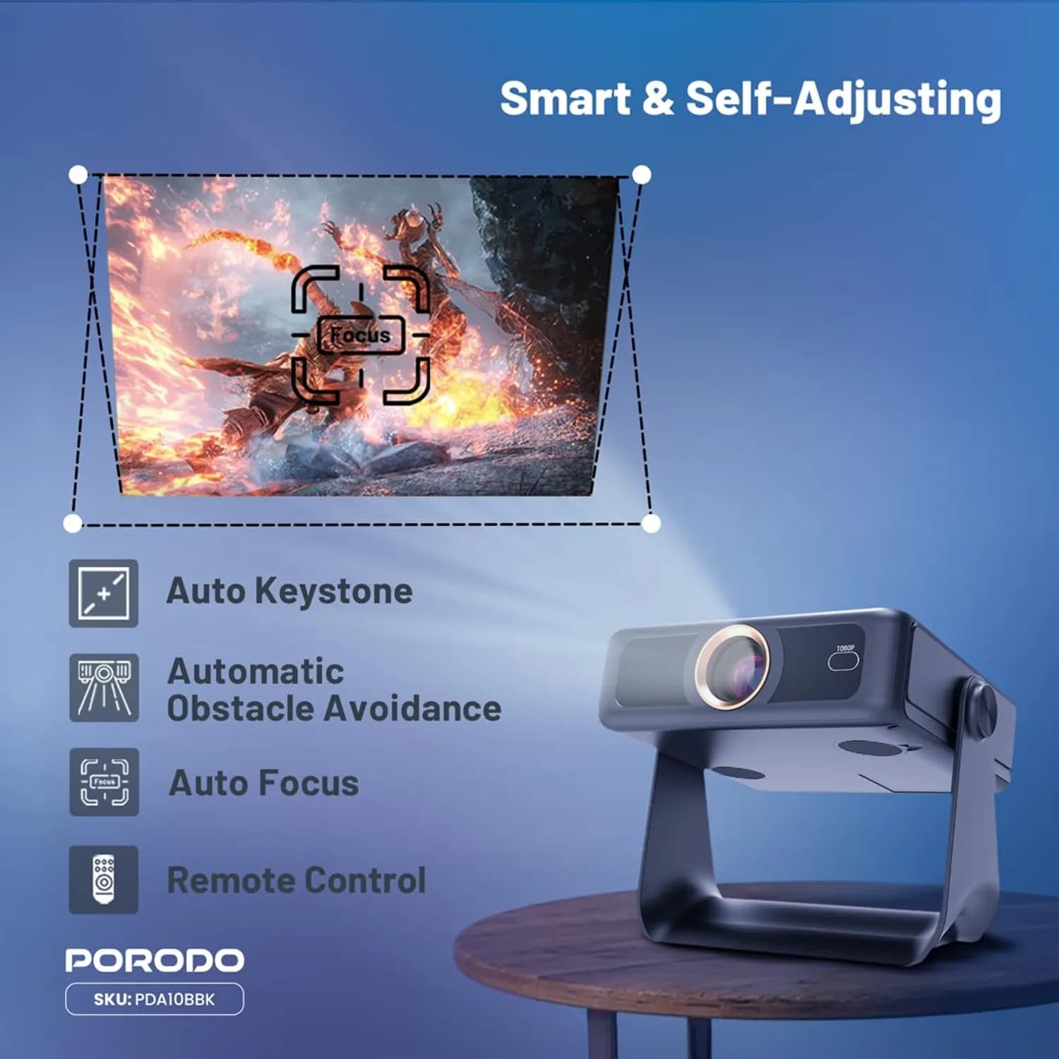 Porodo Smart HD Projector - 250" Screen, WiFi & Bluetooth 5
