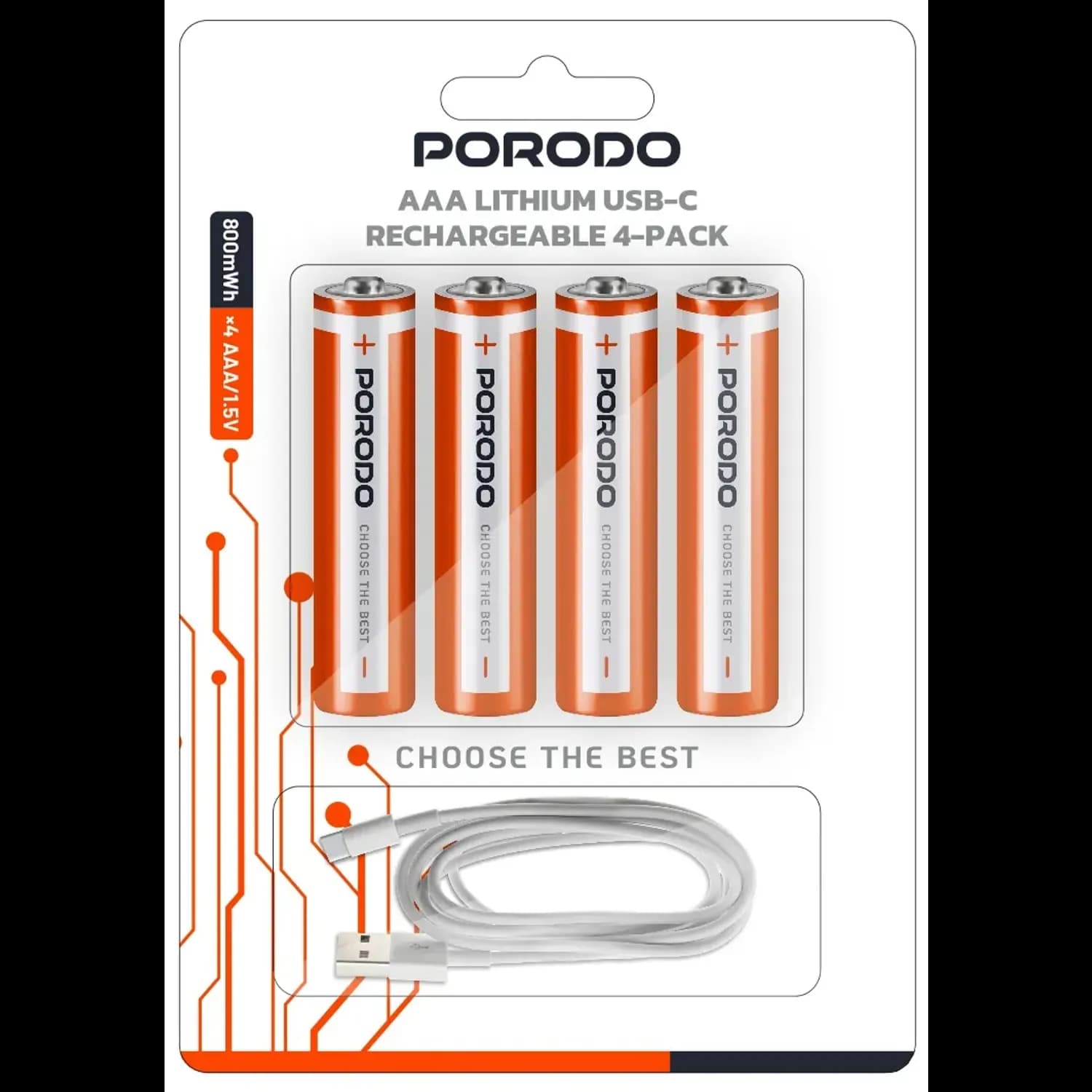Porodo AAA Lithium USB-C Rechargeable Batteries 4-Pack - White/Orange Porodo AAA Lithium USB-C Rechargeable Batteries 4-Pack - White/Orange