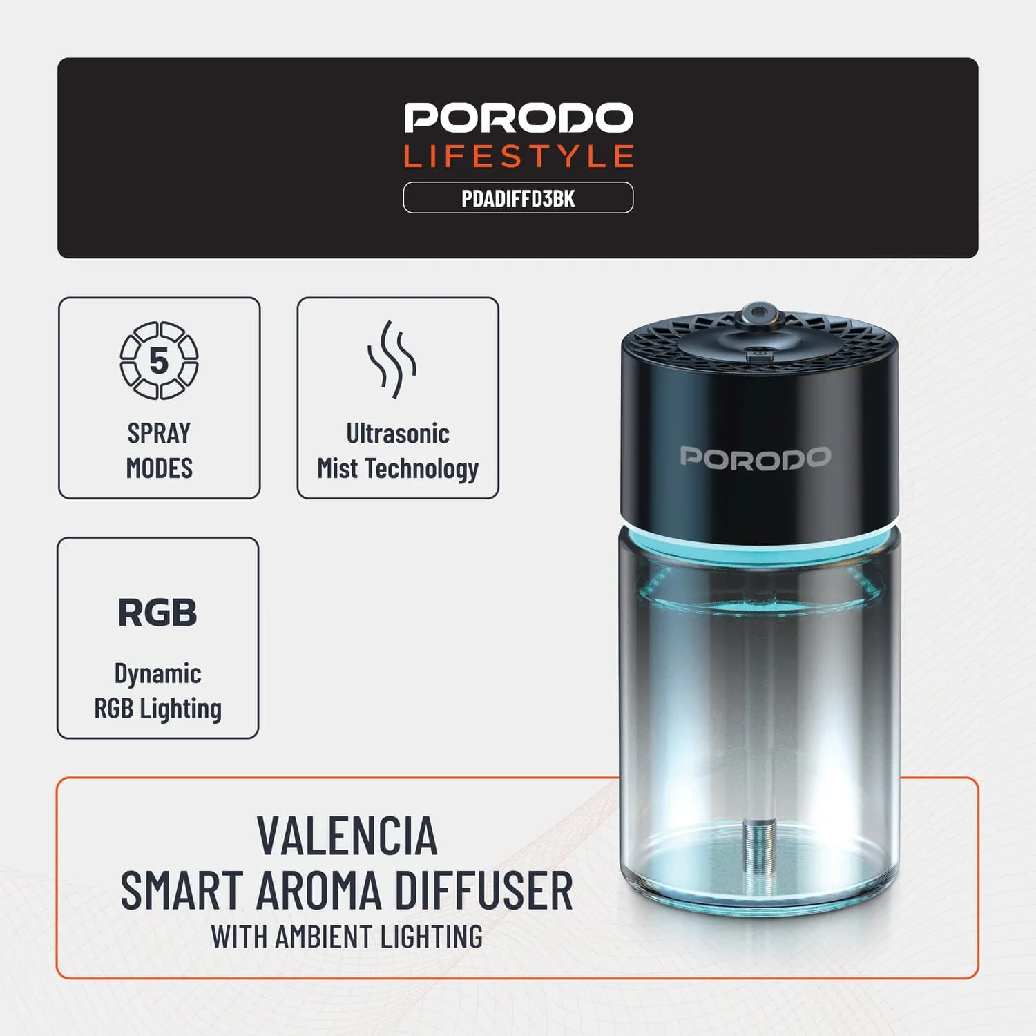 Porodo Aroma Diffuser Valencia - Smart Sensor, Black 3