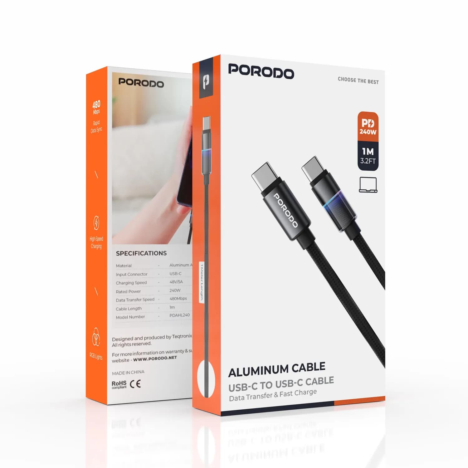 Porodo USB-C Cable - 240W PD, RGB Lights, Black 3