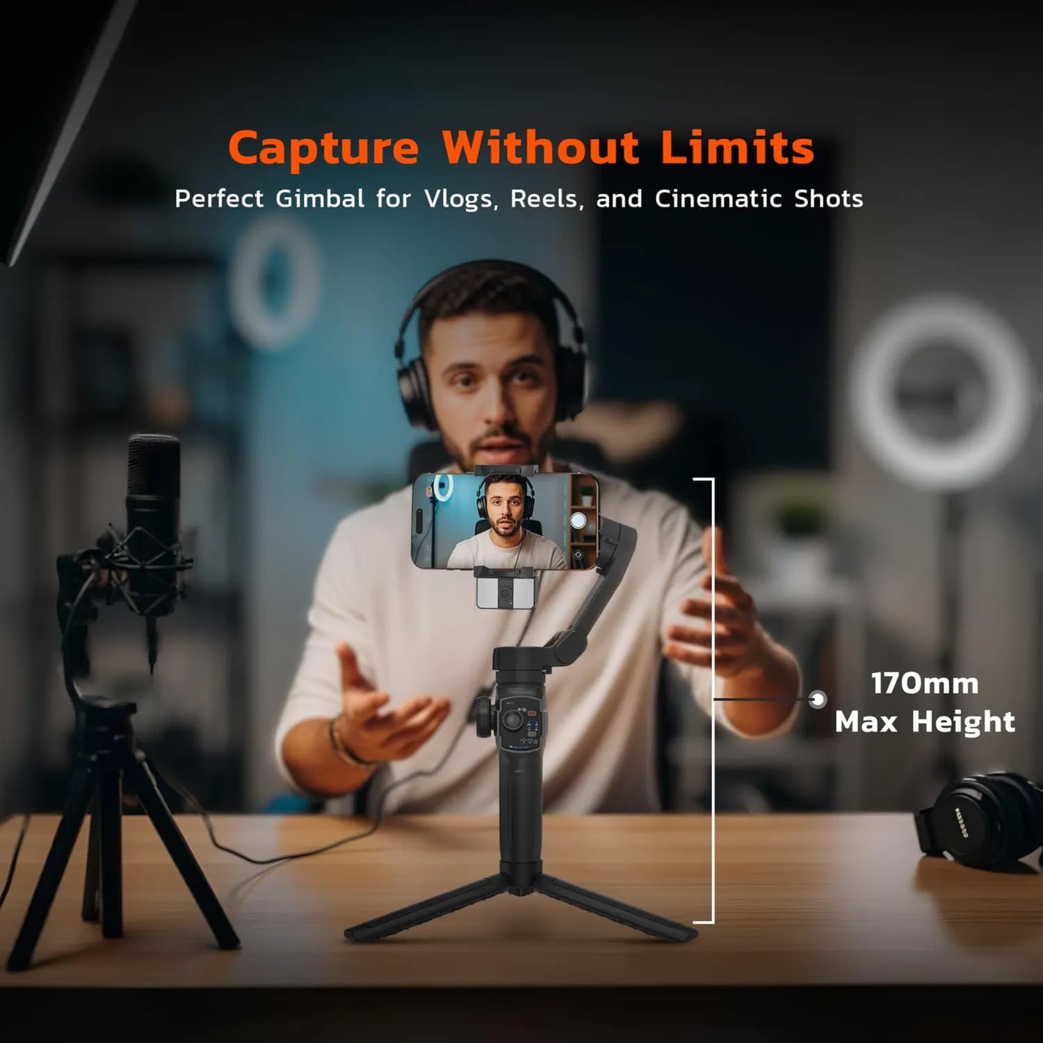 Porodo 3-Axis Gimbal Stabilizer - AI Tracking, Foldable, Black 3