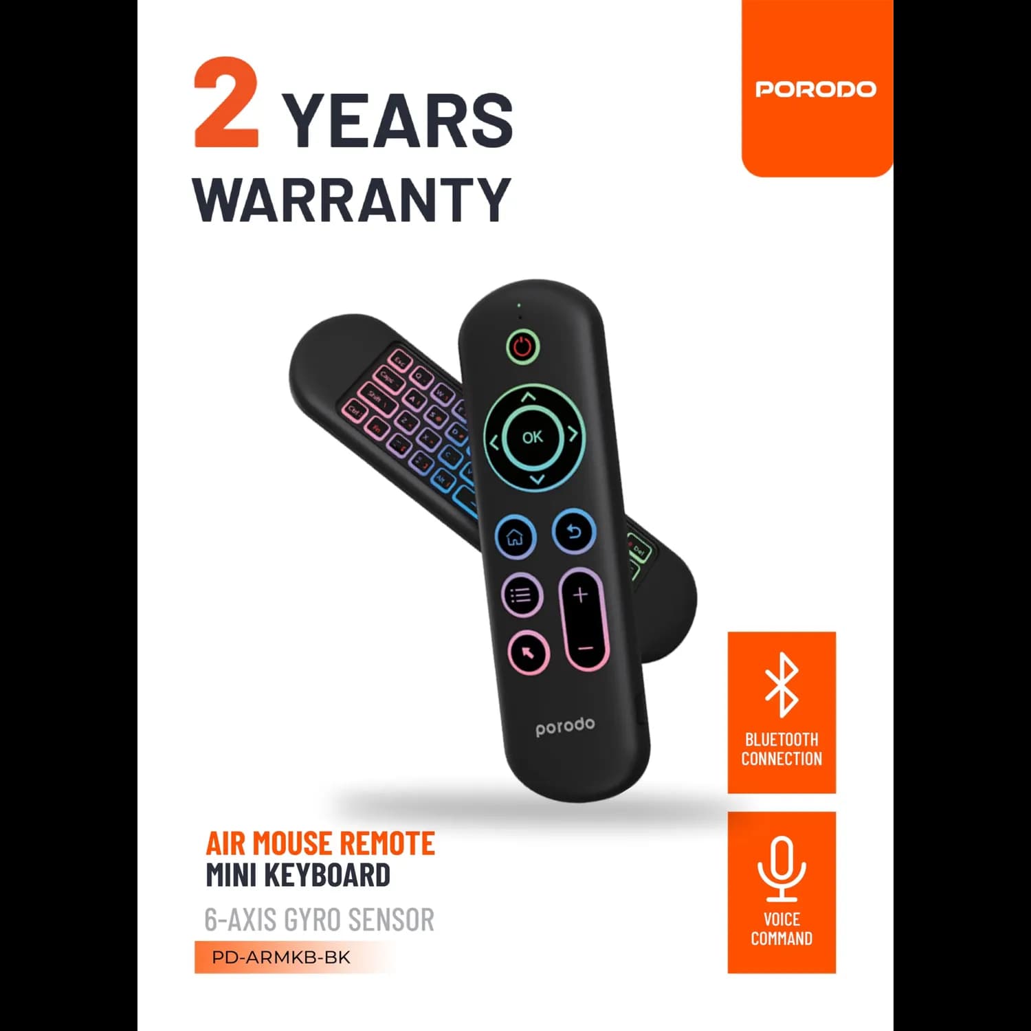 Porodo Mini Keyboard Air Mouse - Bluetooth 5.2, RGB Backlight, Black 3