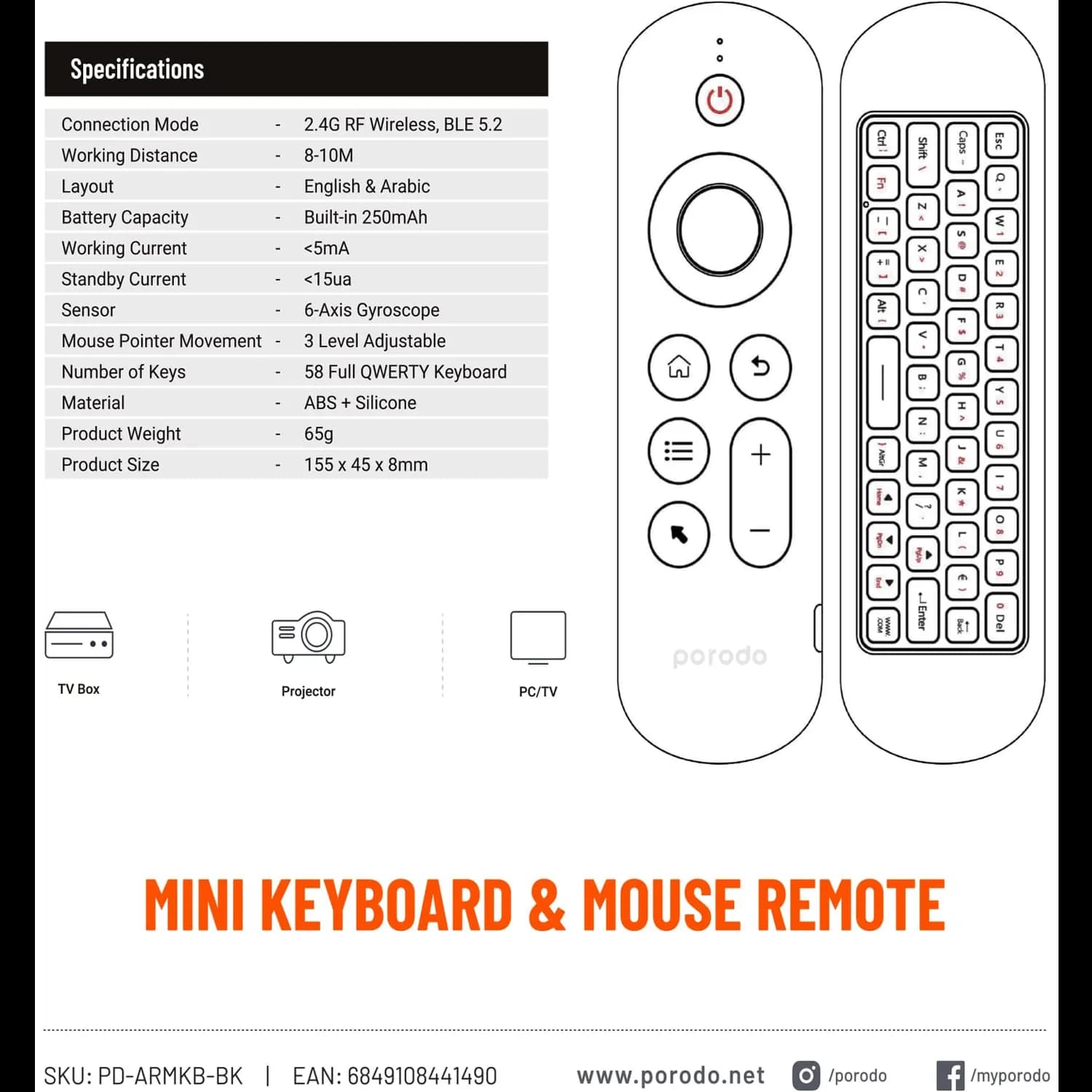 Porodo Mini Keyboard Air Mouse - Bluetooth 5.2, RGB Backlight, Black 4