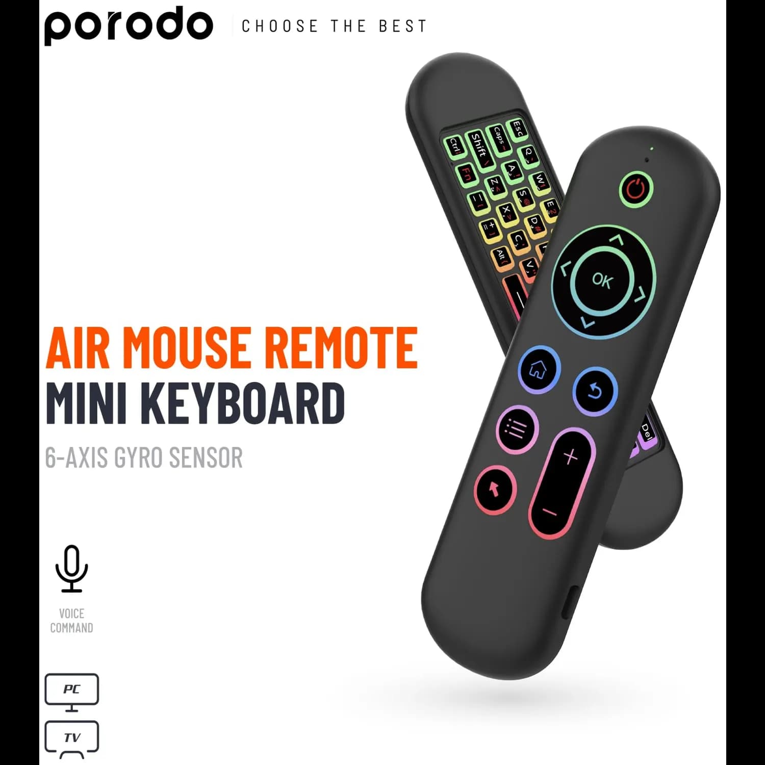 Porodo Mini Keyboard Air Mouse - Bluetooth 5.2, RGB Backlight, Black 5
