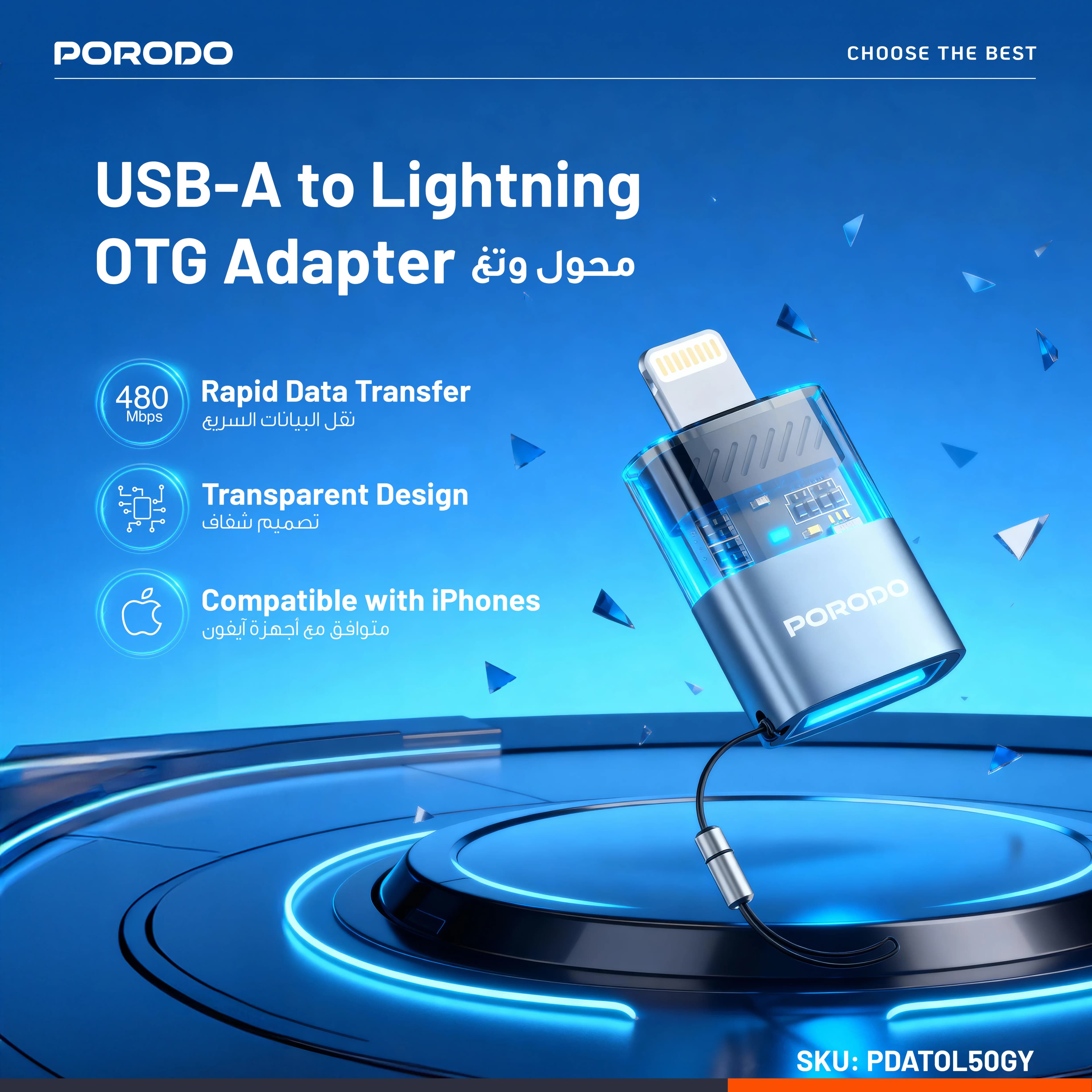 Porodo MiniLink USB-A to Lightning OTG Adapter PDATOL50 - Grey 3