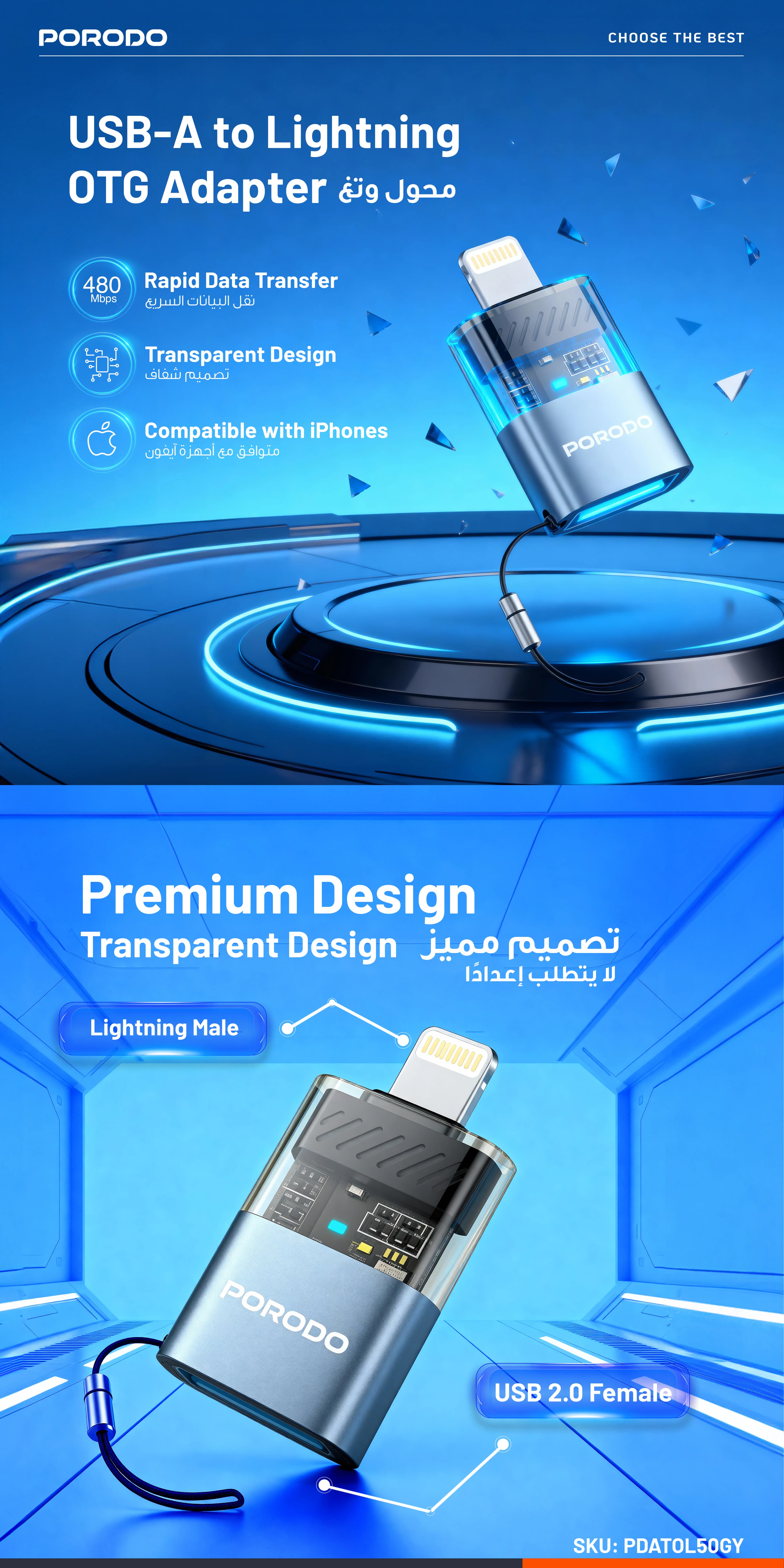 Porodo MiniLink USB-A to Lightning OTG Adapter PDATOL50 - Grey 4