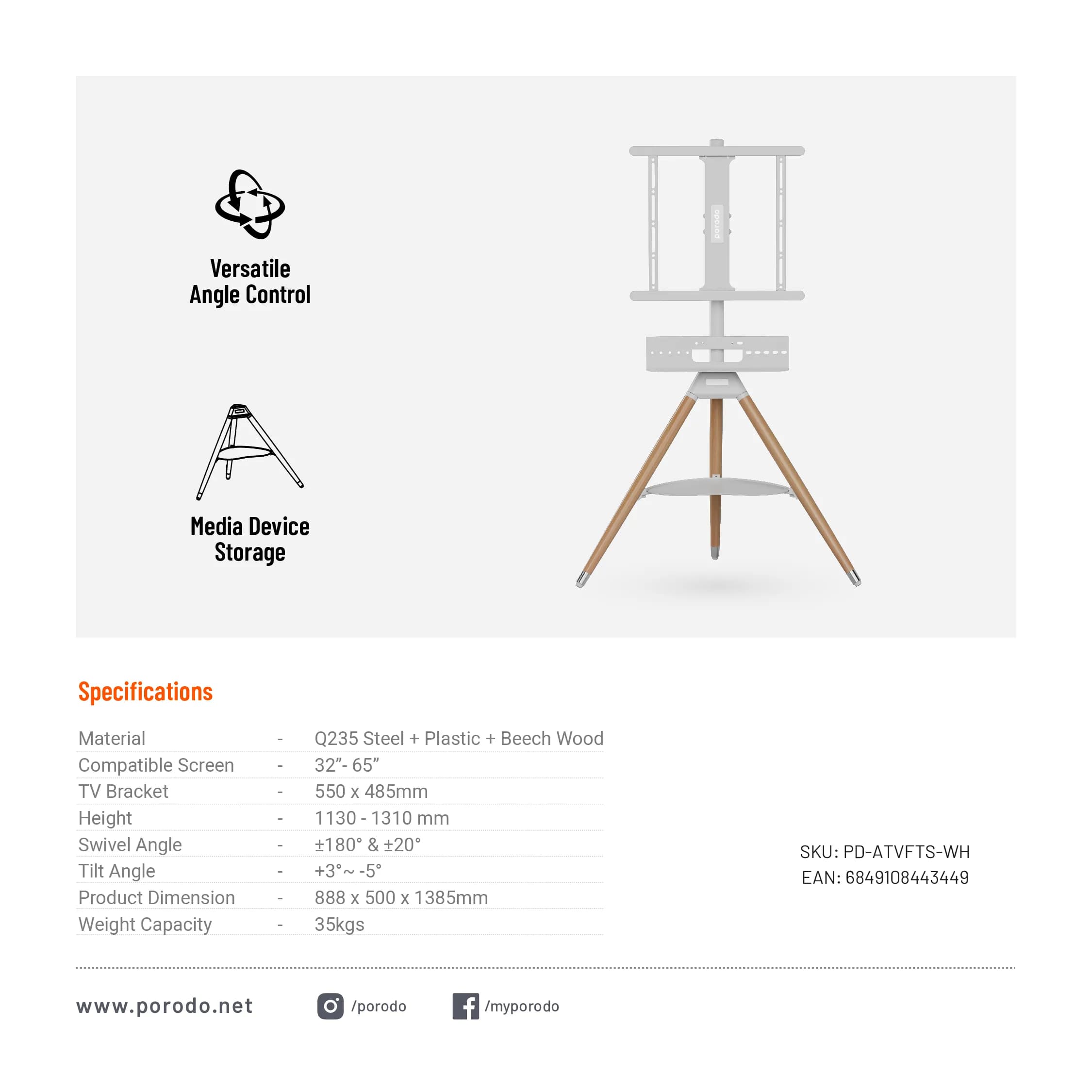 Porodo TV Stand Wooden Tripod 2