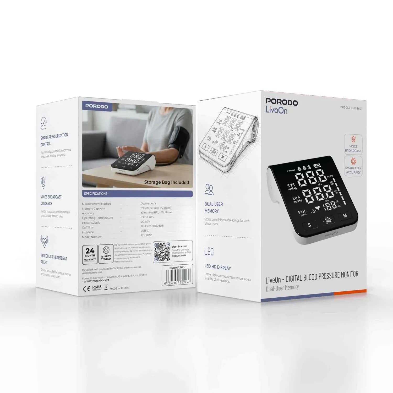 Porodo Blood Pressure Monitor - Dual User Memory, White 3