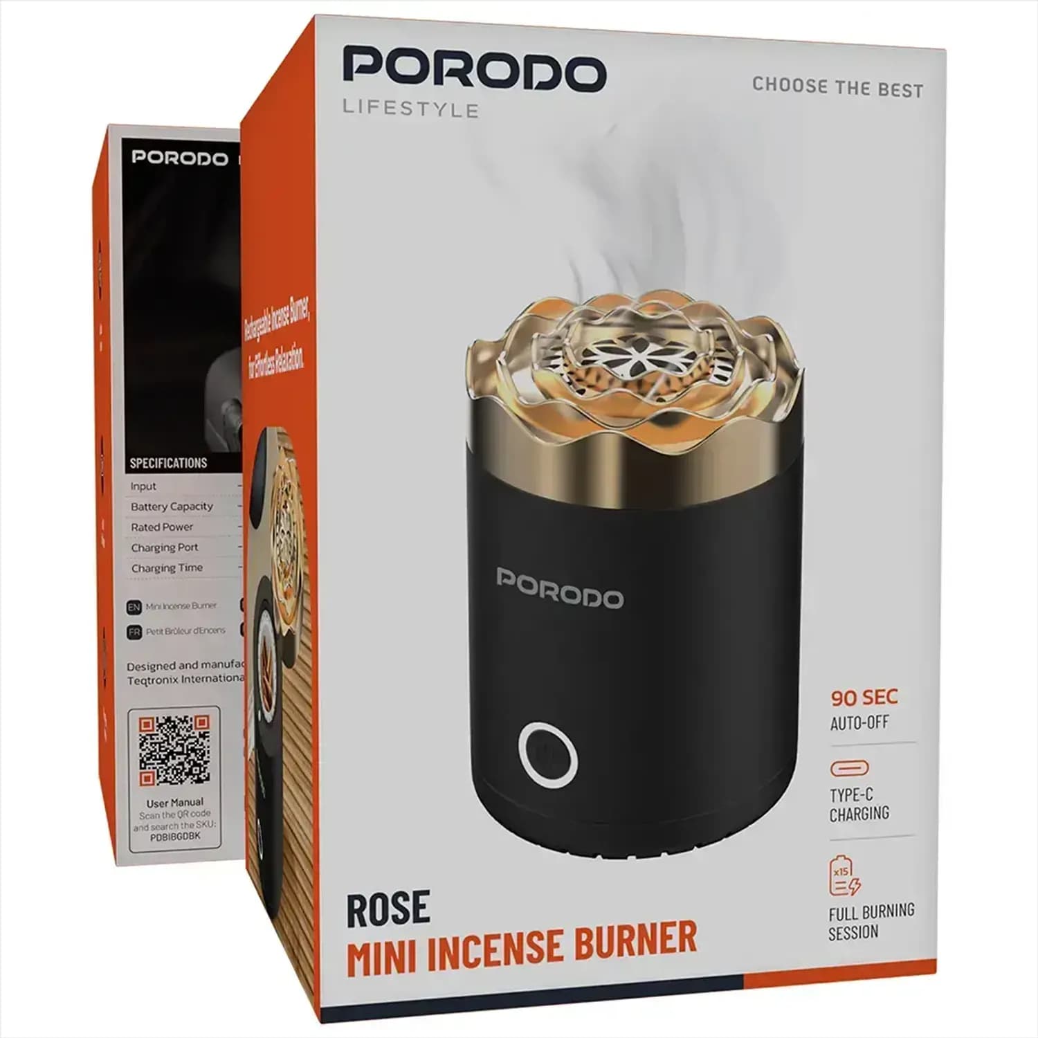 Porodo Incense Burner - 18W, Type-C Charging, Black 5