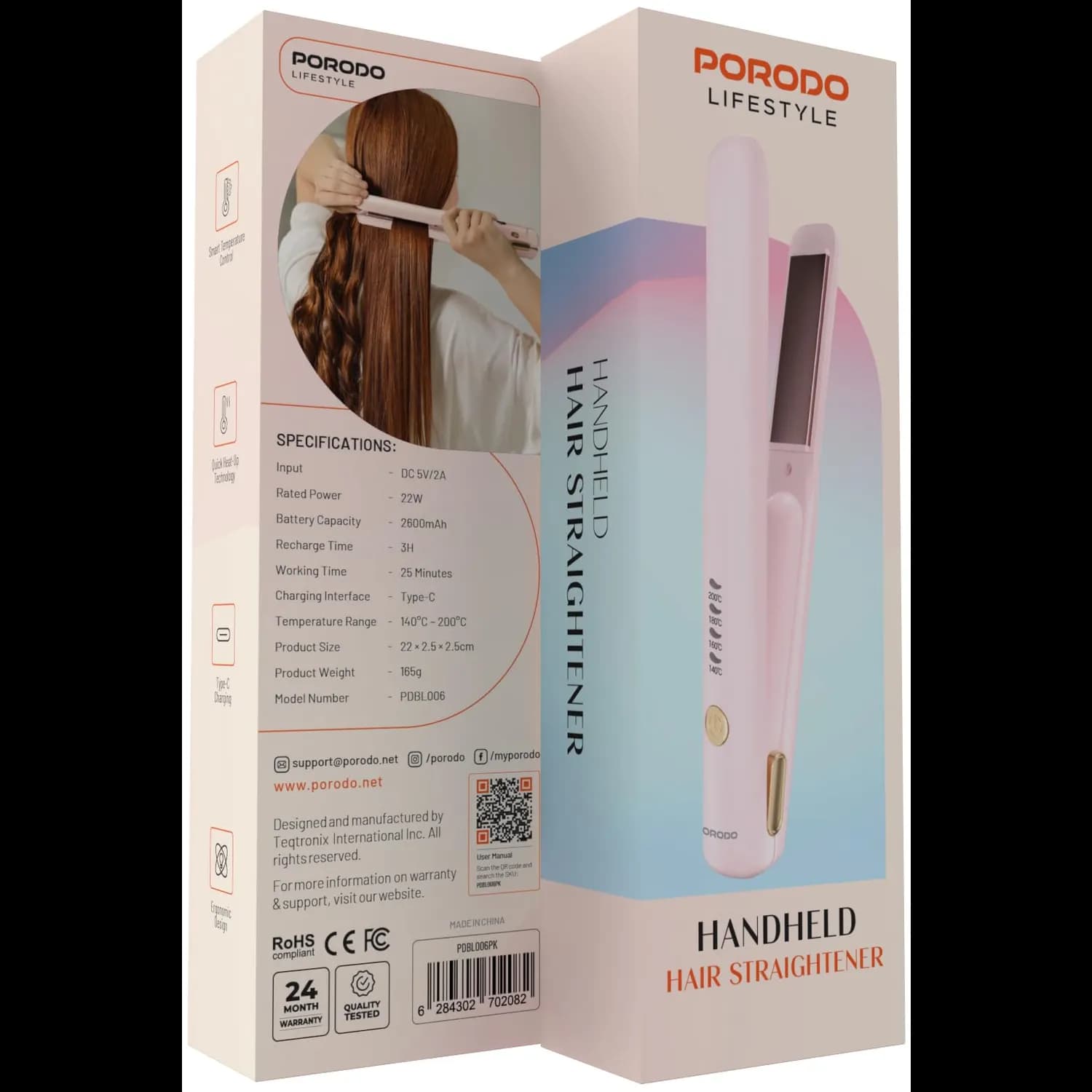 Porodo Handheld Hair Straightener - Smart Temp Control, Pink 3
