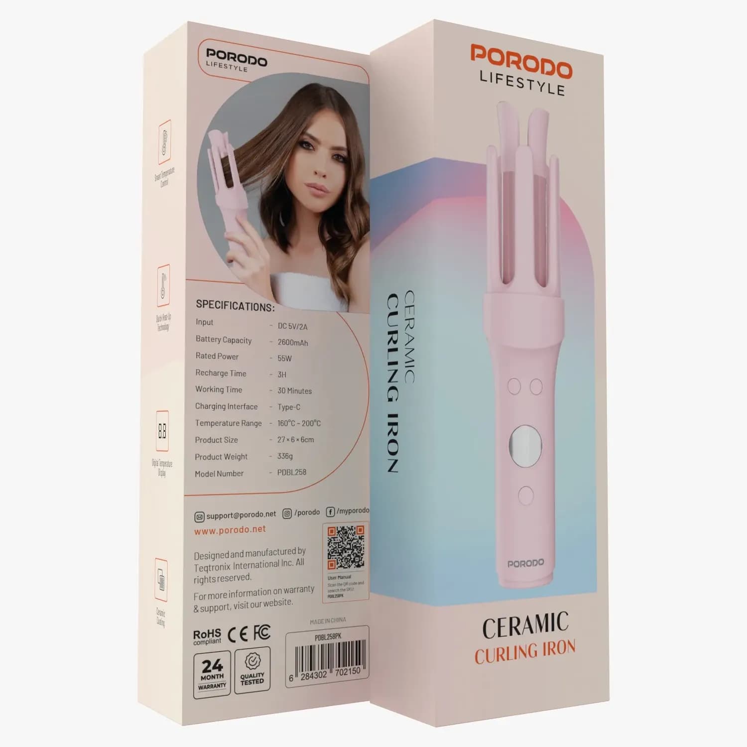Porodo Ceramic Curling Iron - Digital Display, Pink 2