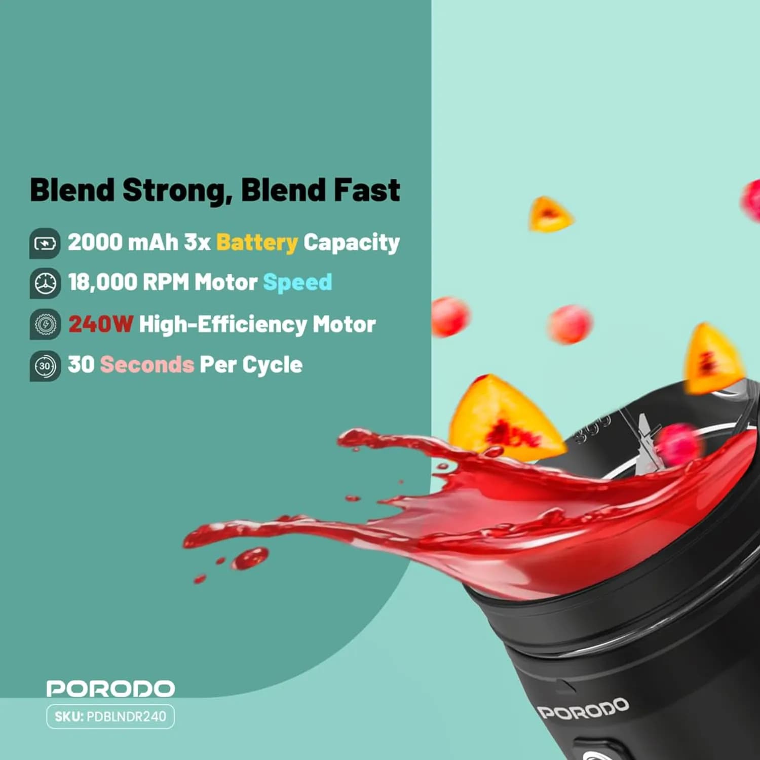 Porodo Portable Blender Nutrimix - 700ml, USB-C, Black — Black 3