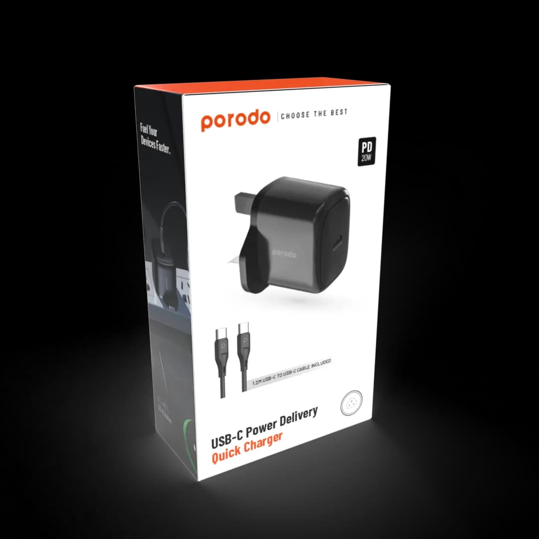 Porodo 20W Single USB C Charger UK With Type C to C Cable 1.2M - Black 4