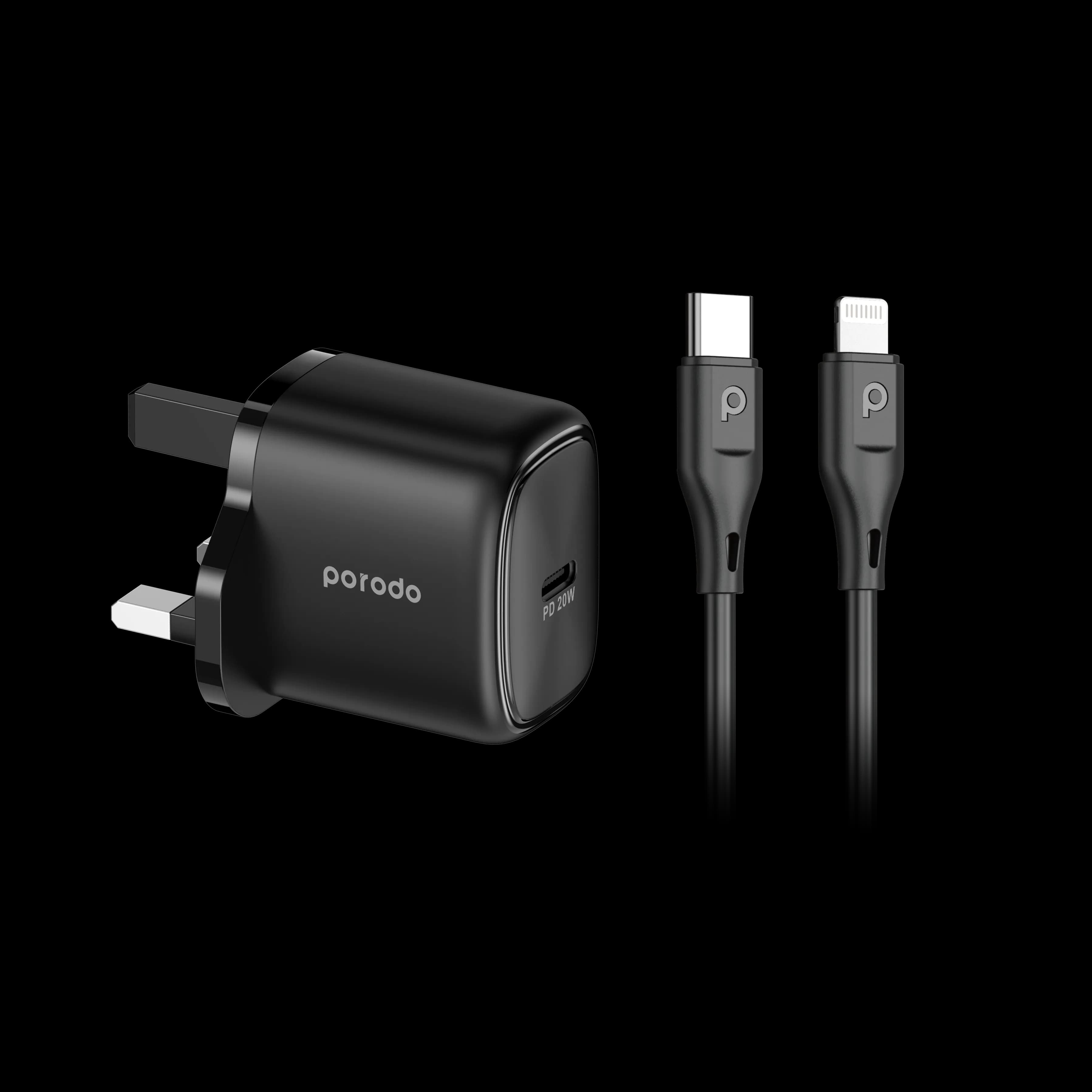 Porodo 20W Single USB C Charger UK With Type C to L Cable 1.2M - Black 4