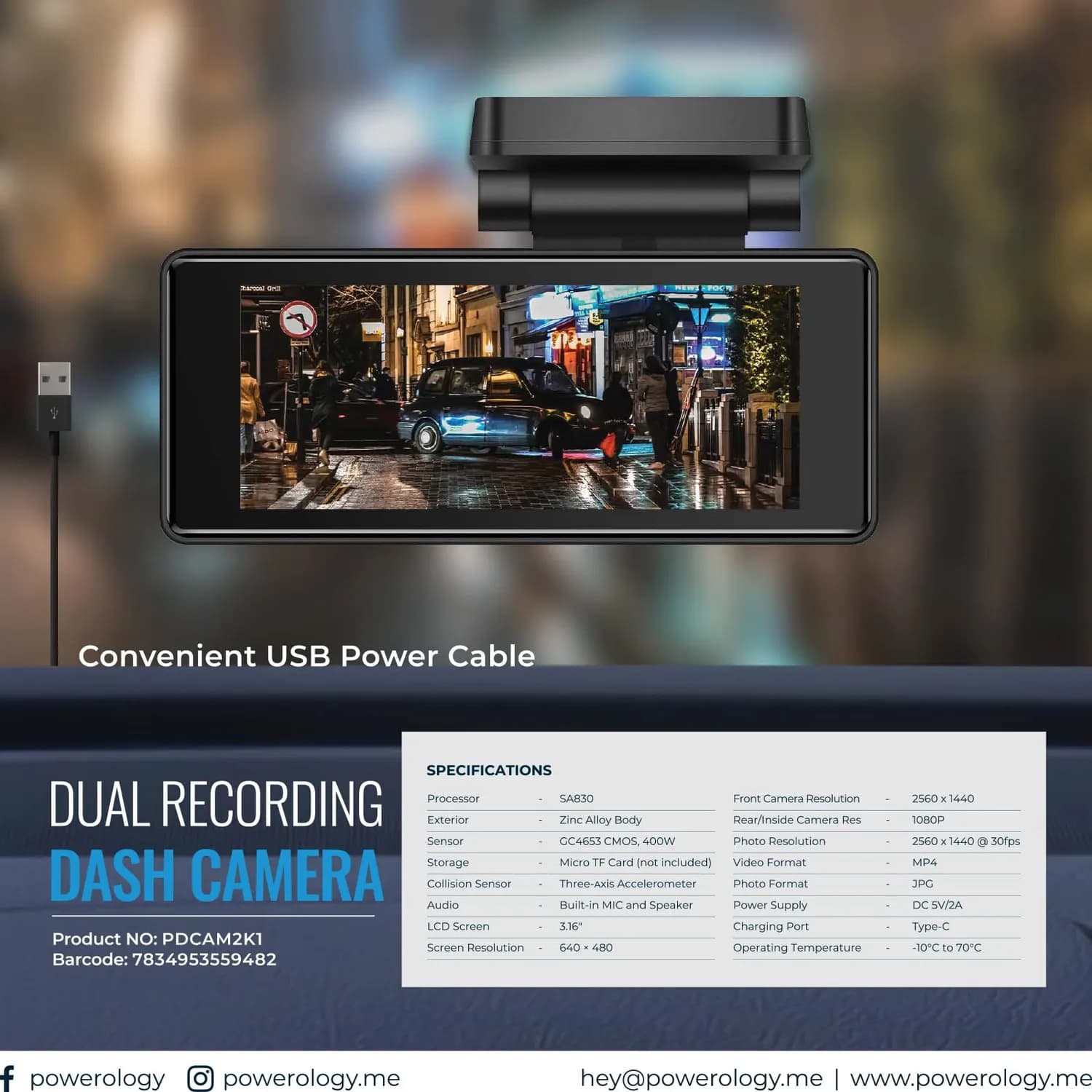 Powerology Dash Camera - Dual Recording, 2560x1440, Black 3