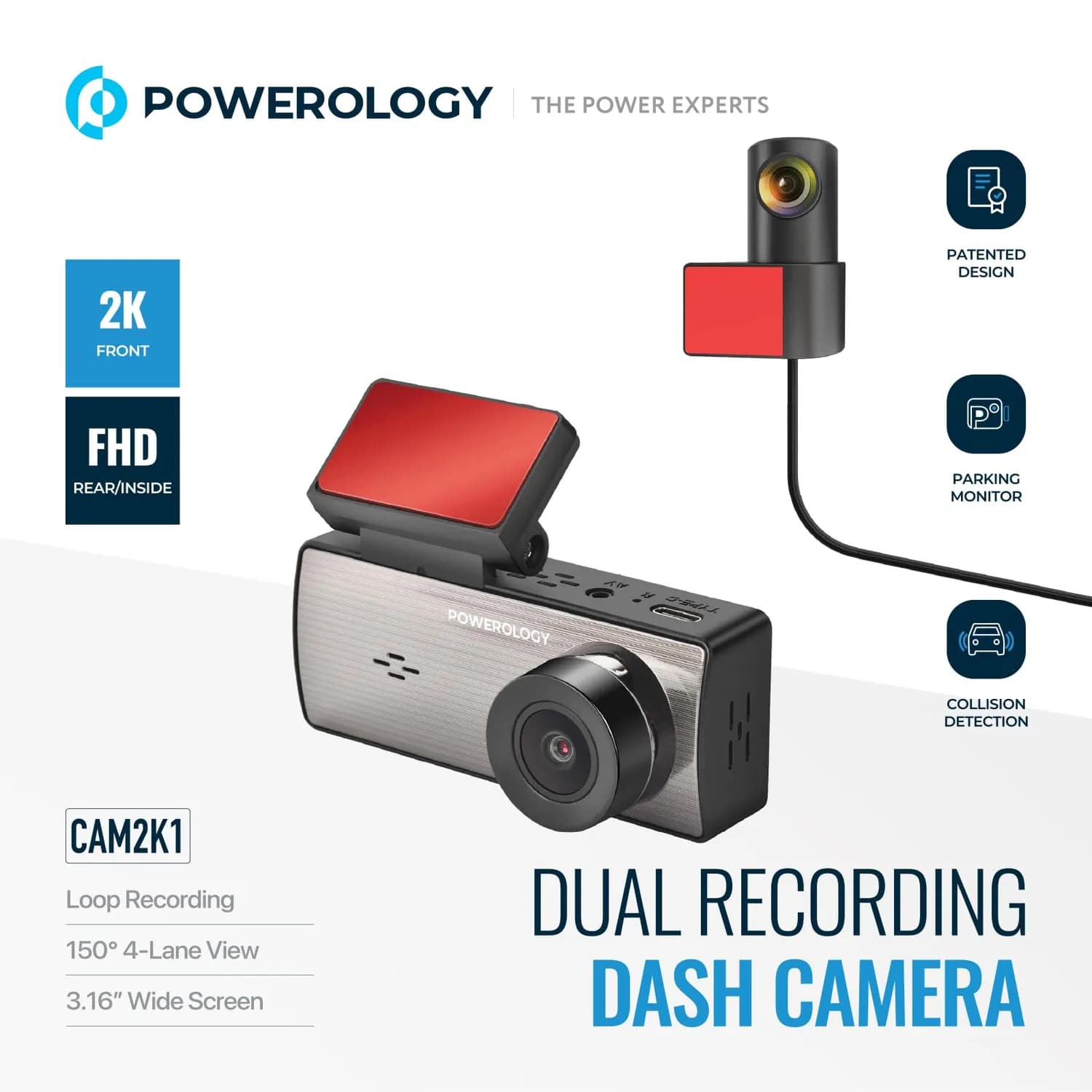 Powerology Dash Camera - Dual Recording, 2560x1440, Black 4