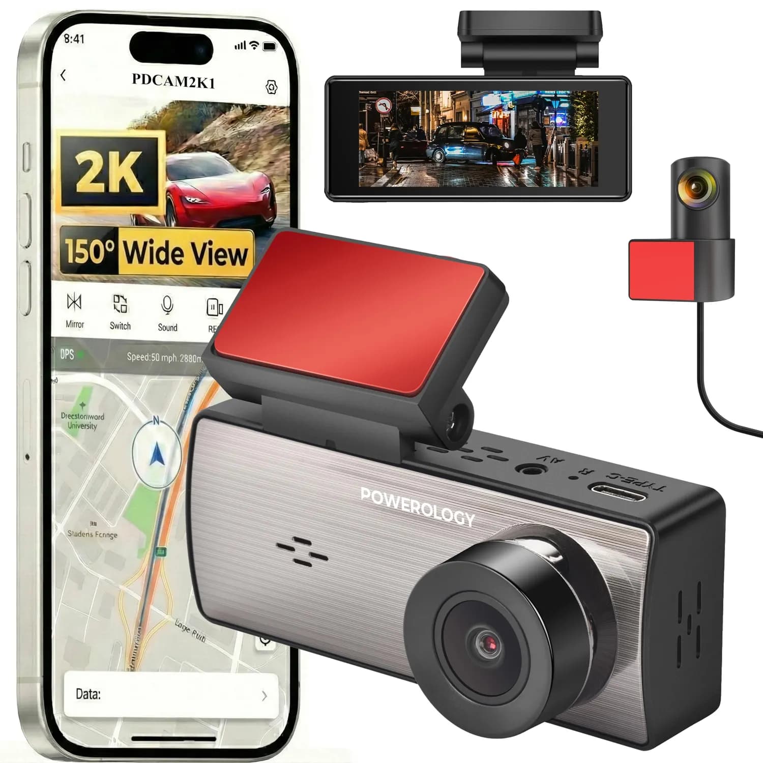 Powerology Dash Camera - Dual Recording, 2560x1440, Black 1