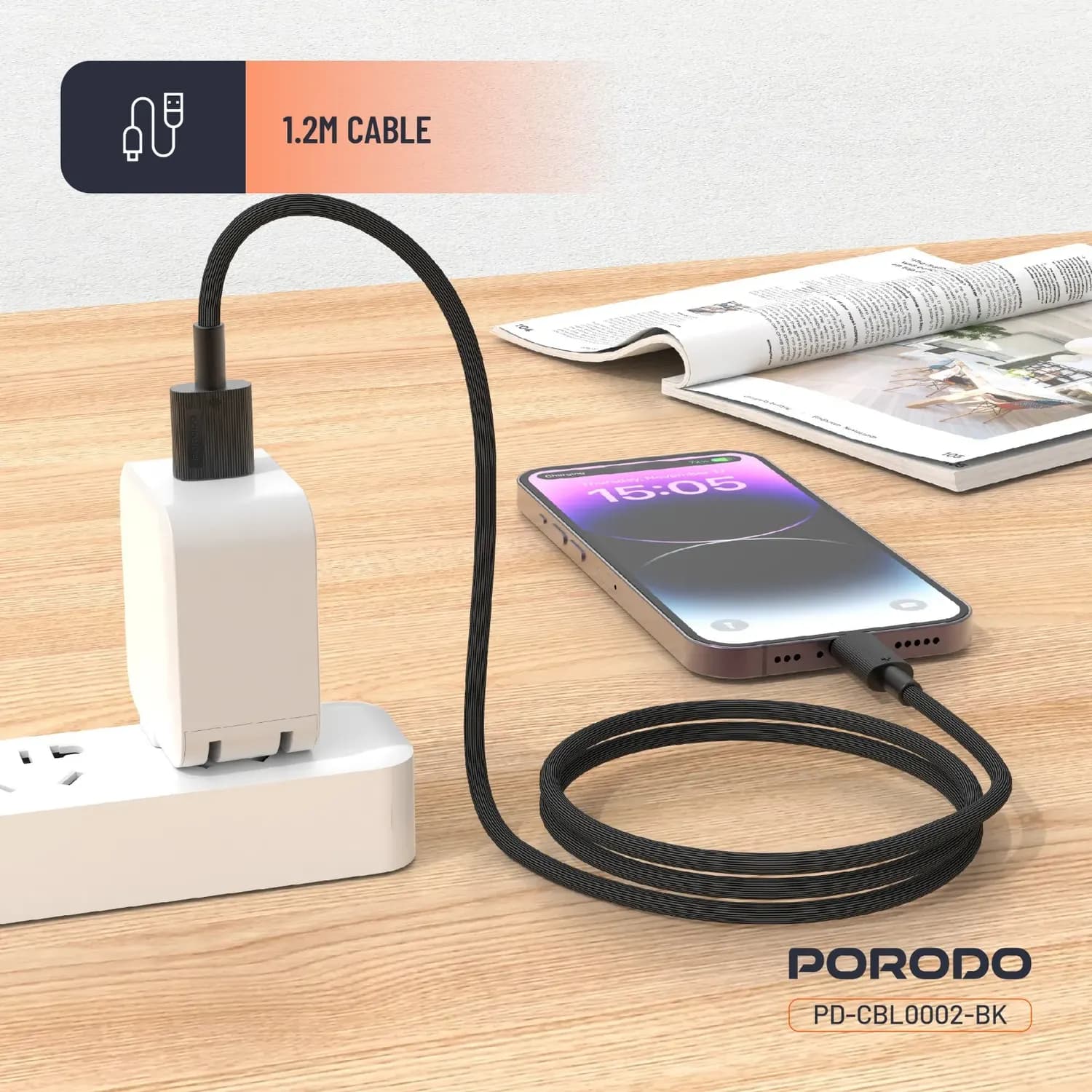 Porodo USB-A to Lightning Charging Cable, Durable, - Black 2