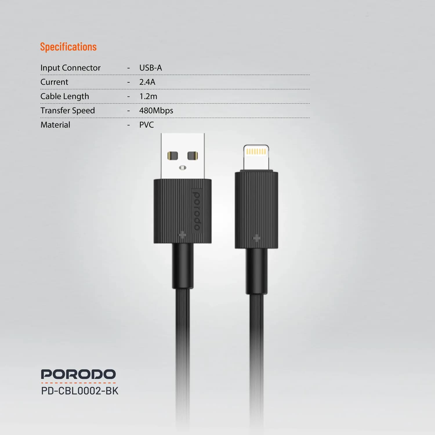 Porodo USB-A to Lightning Charging Cable, Durable, - Black 3