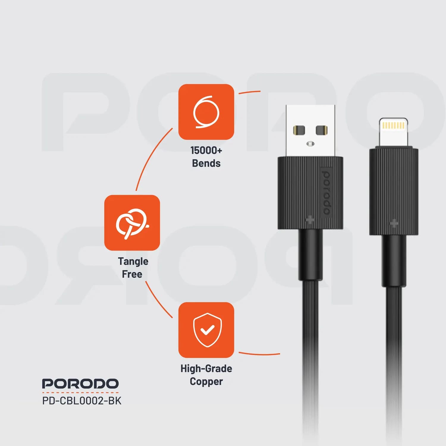 Porodo USB-A to Lightning Charging Cable, Durable, - Black 5