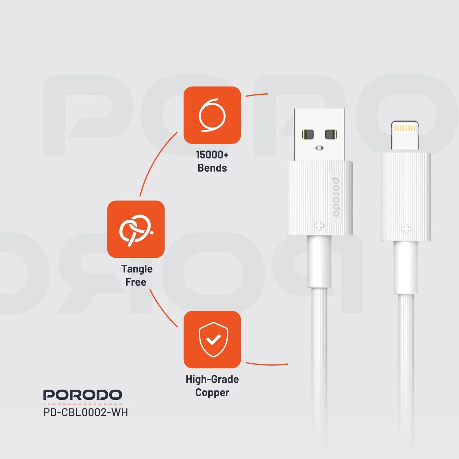 Porodo USB-A to Lightning Cable - 3M, Fast Charging, White 3