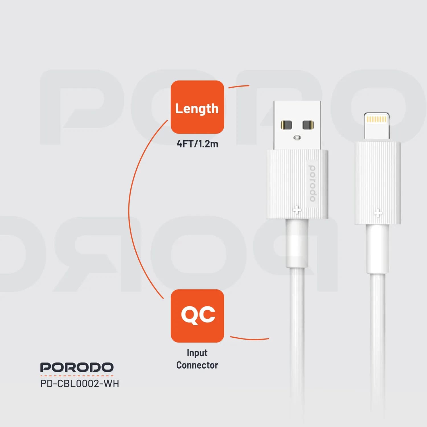 Porodo USB-A to Lightning Cable - 3M, Fast Charging, White 5