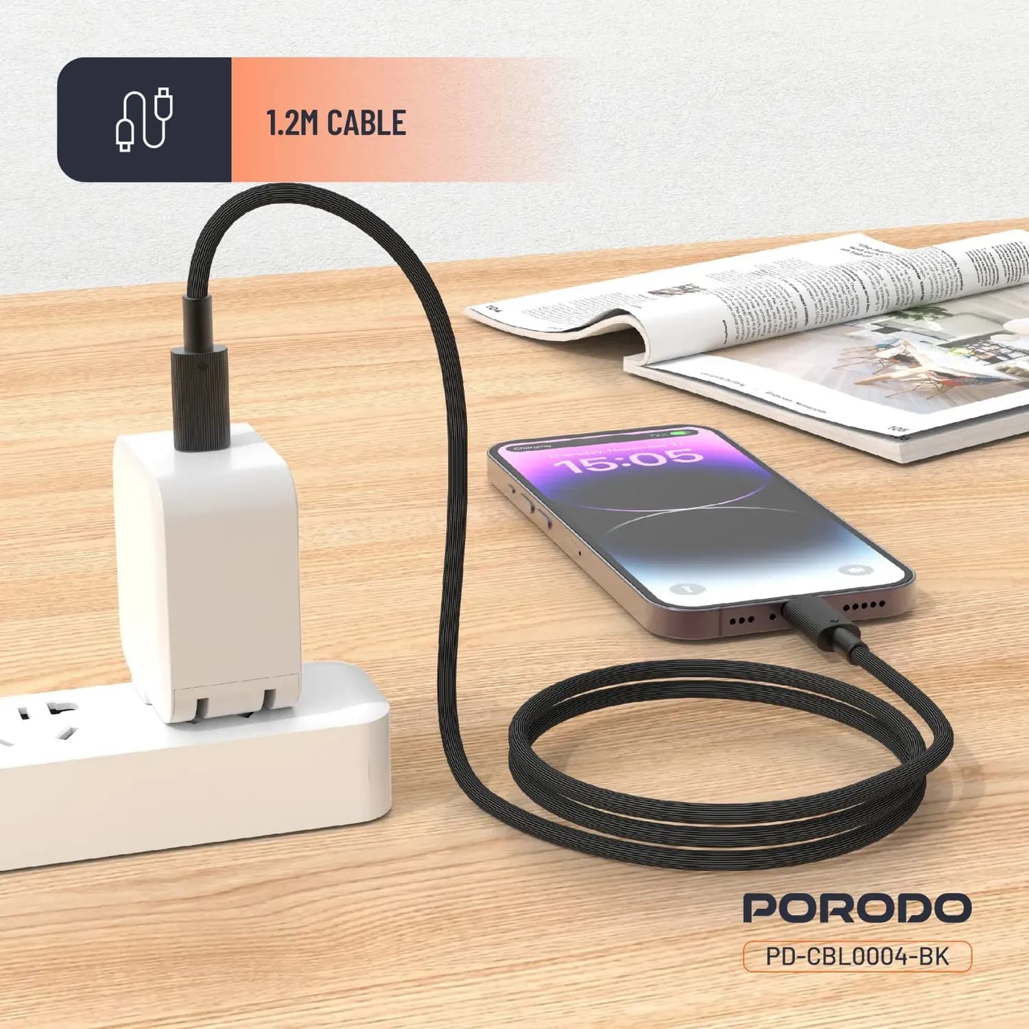 Porodo USB-C to Lightning Cable - Durable, 1.2M, Black 2