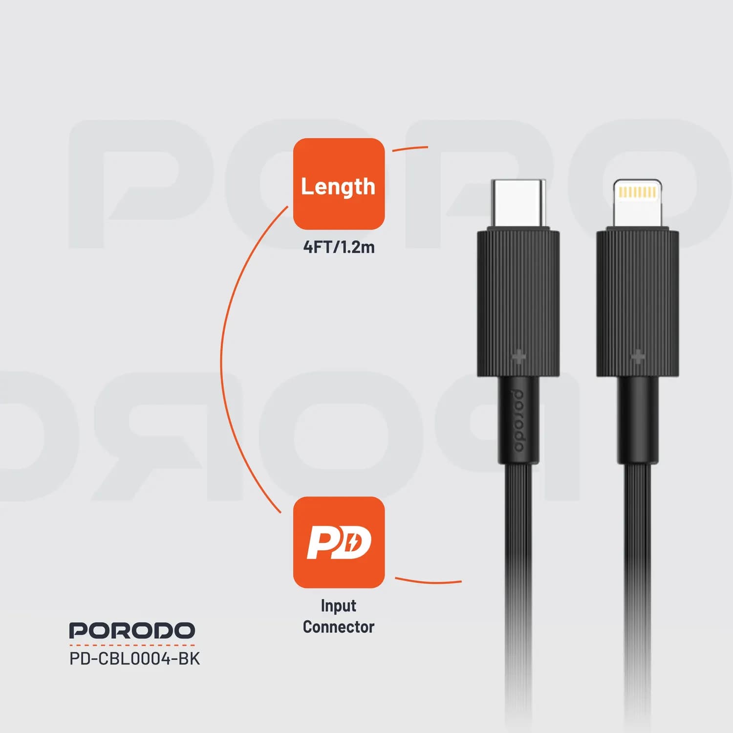 Porodo USB-C to Lightning Cable - Durable, 1.2M, Black 3