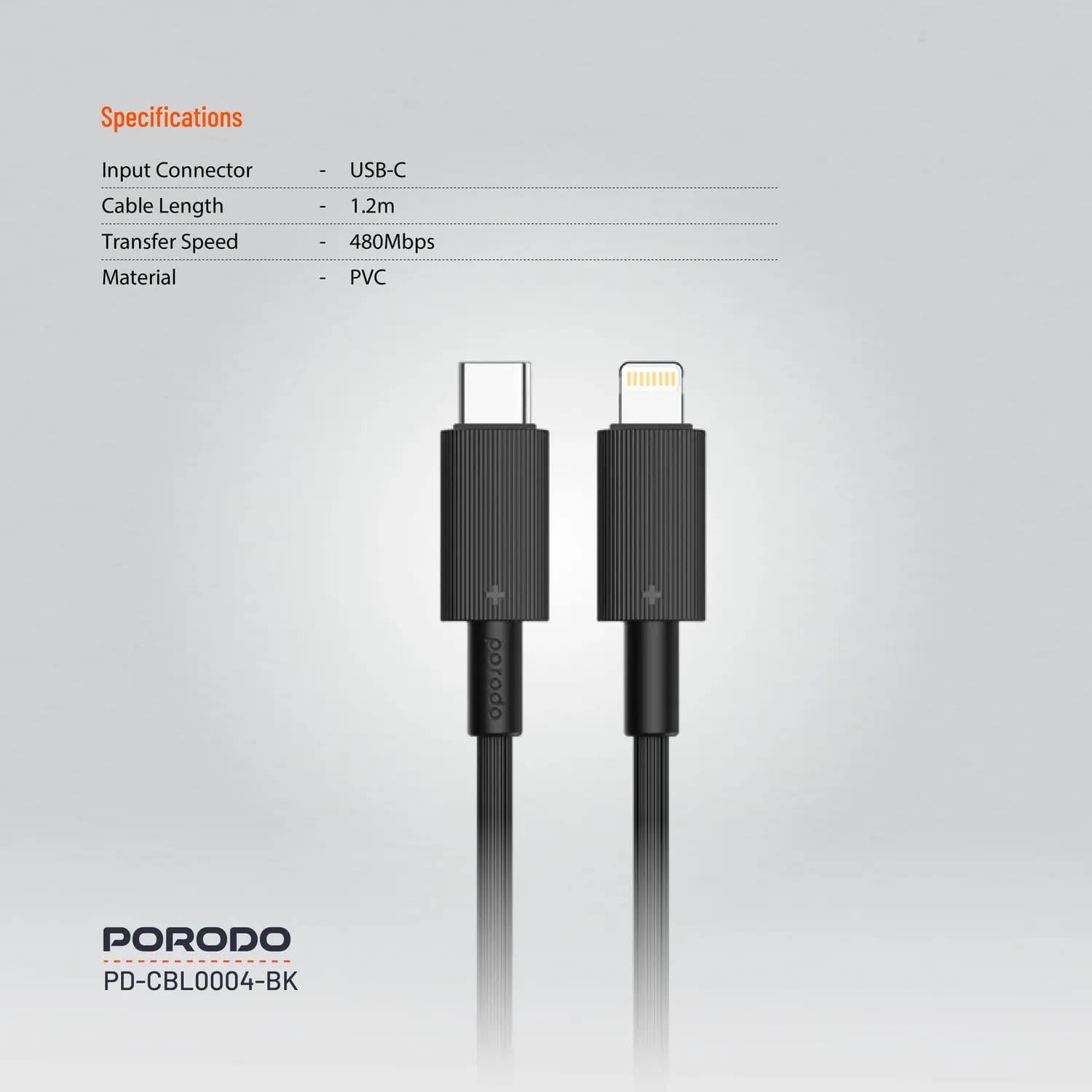 Porodo USB-C to Lightning Cable - Durable, 1.2M, Black 5