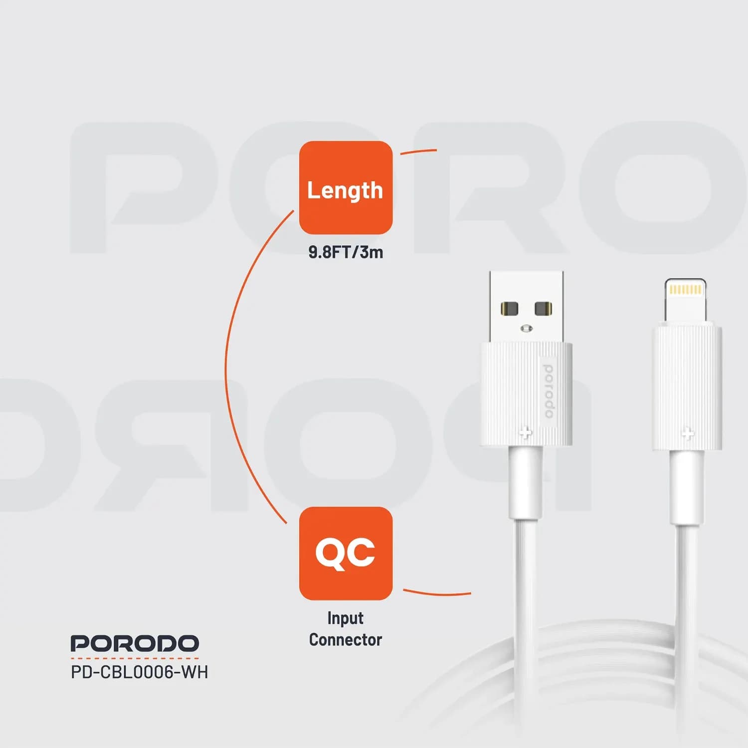 Porodo USB A to Lightning Cable 3m, - White — White 3