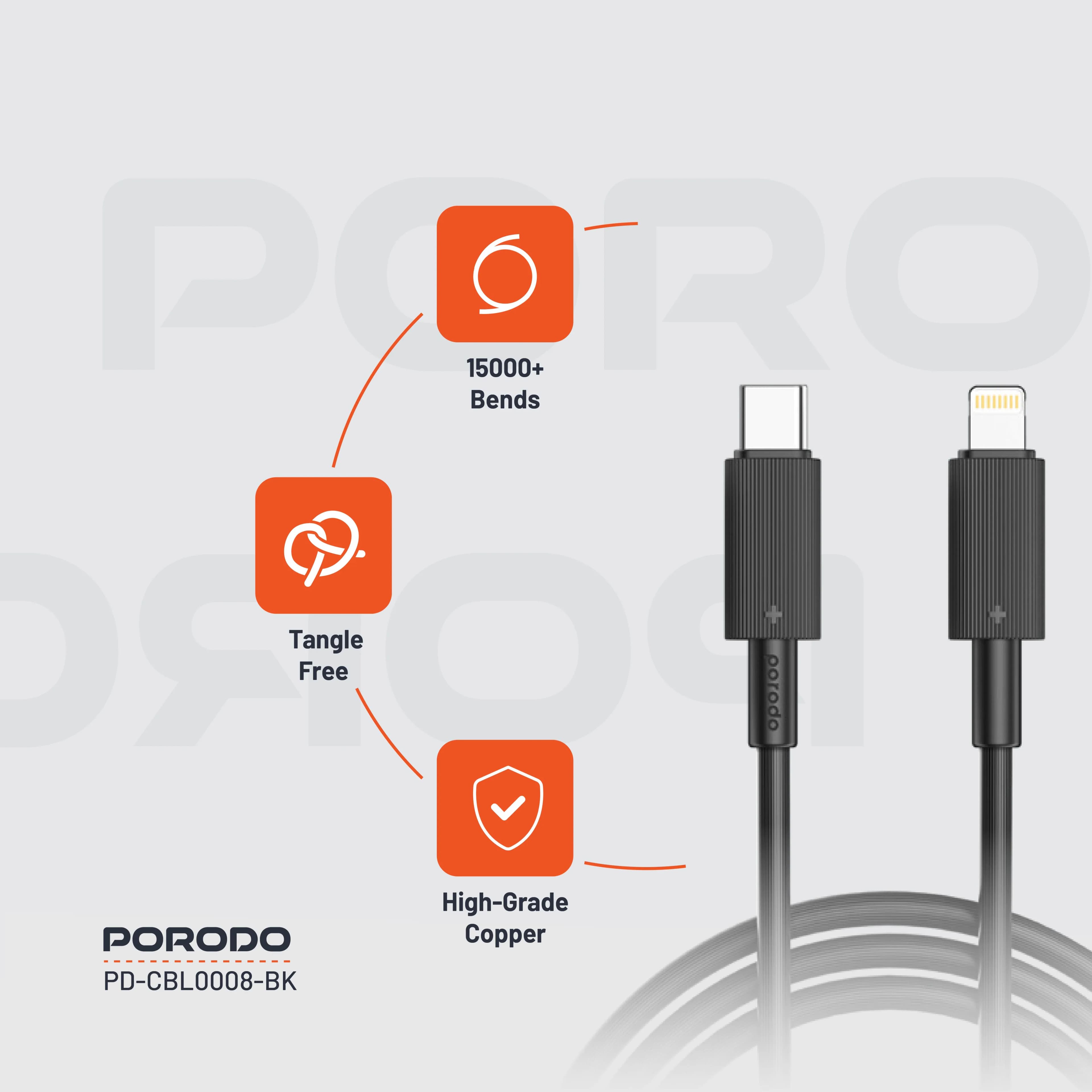 Porodo Charging Cable PDCBL0008BK - USB-C to Lightning 3M, Black 2