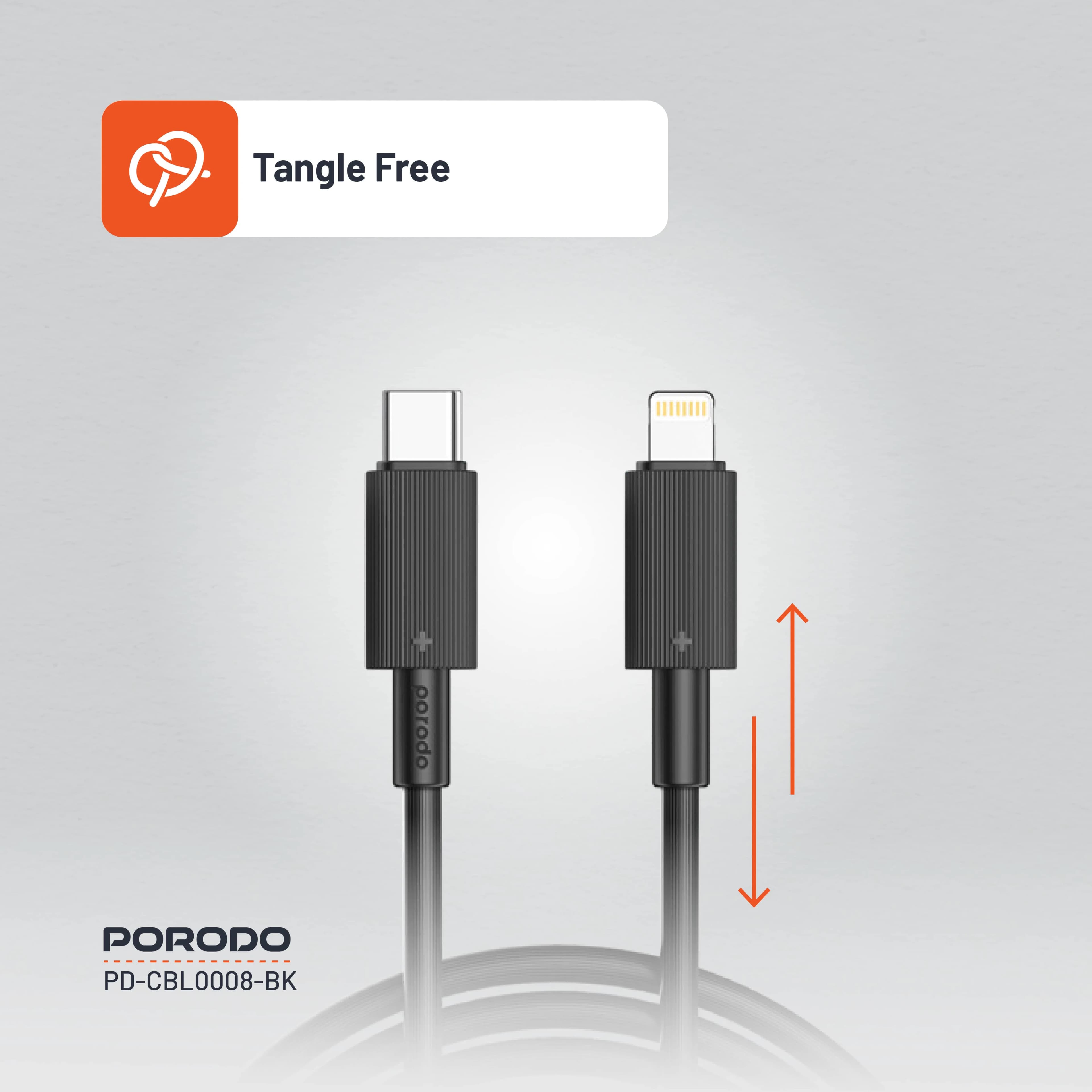 Porodo Charging Cable PDCBL0008BK - USB-C to Lightning 3M, Black 3