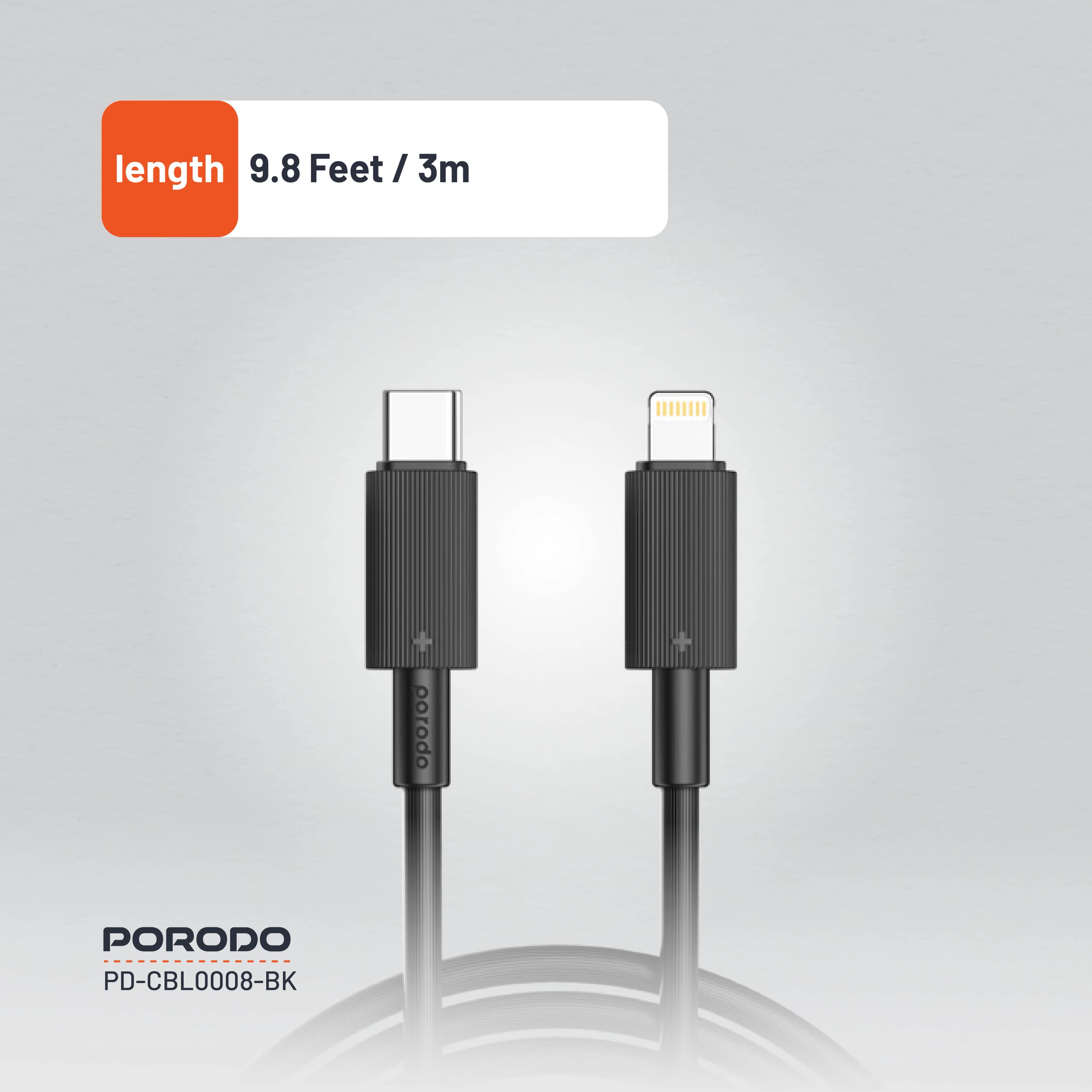 Porodo Charging Cable PDCBL0008BK - USB-C to Lightning 3M, Black 4
