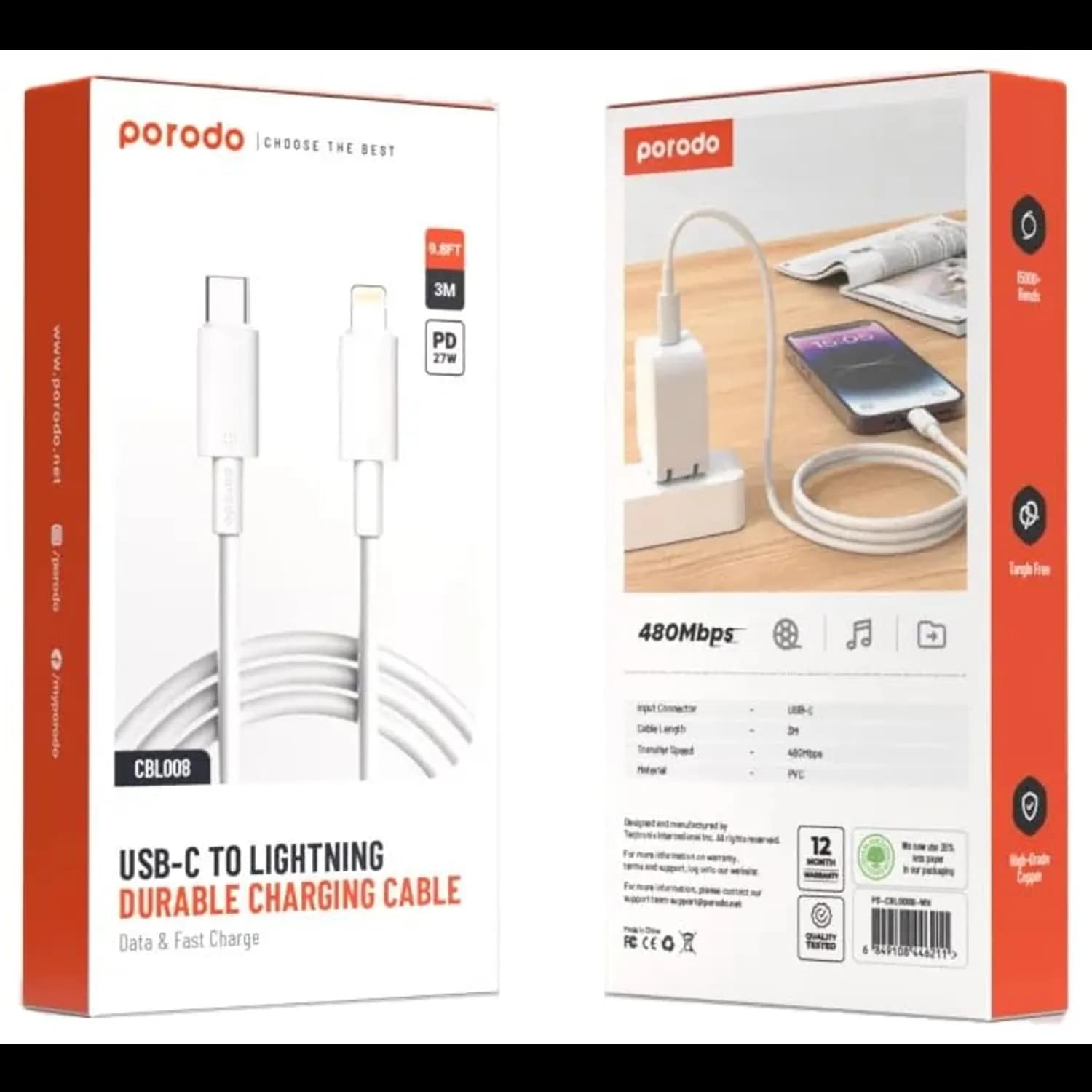 Porodo Type-C to Lightning Cable - 3m, White 3