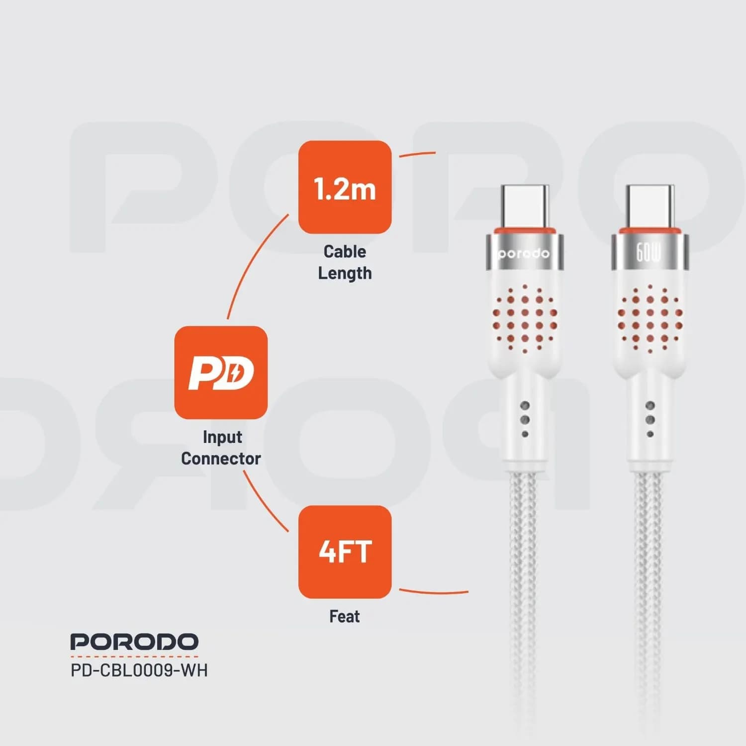 Porodo USB-C Cable - Braided Aluminum, 1.2m, 60W PD, White — Titanium White 2