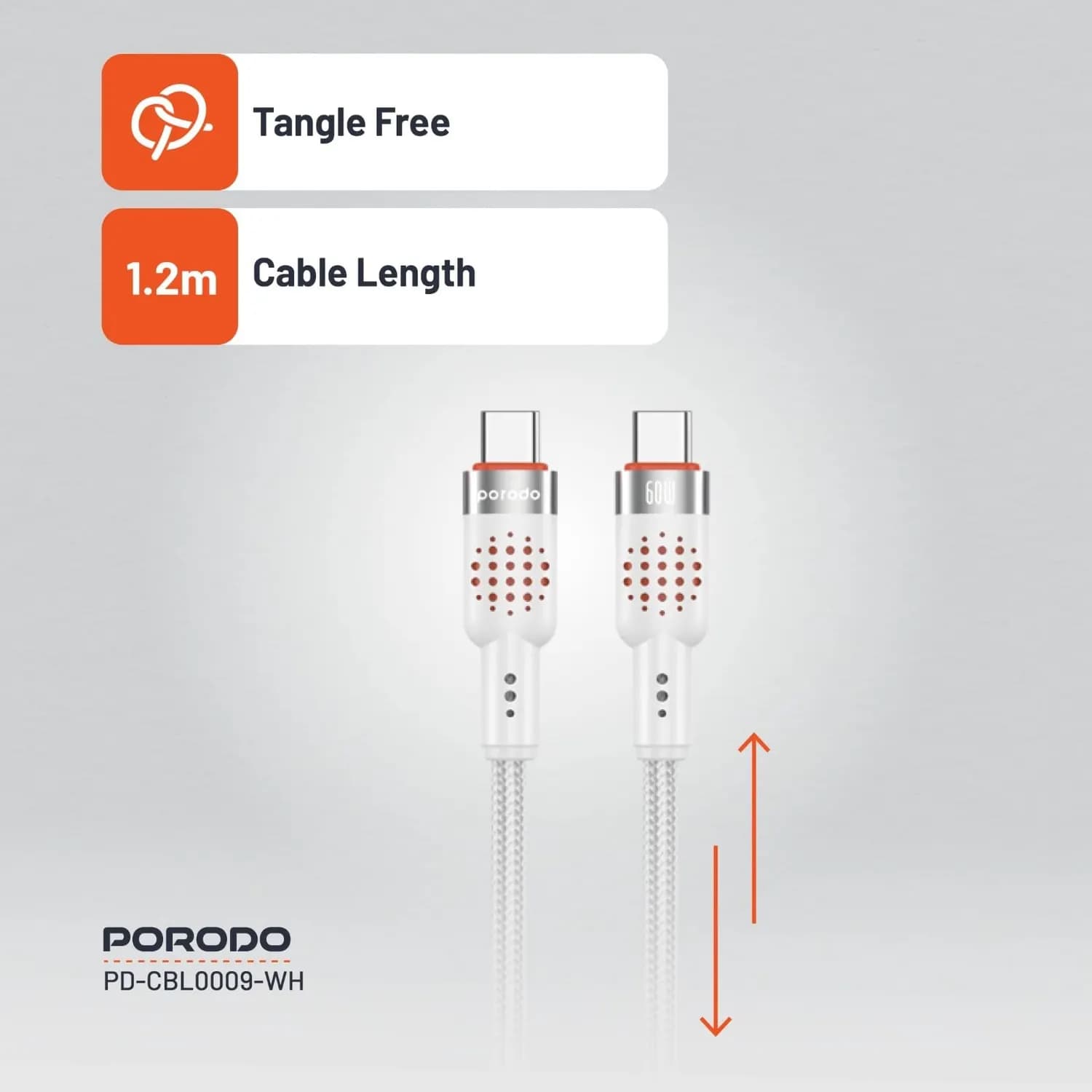 Porodo USB-C Cable - Braided Aluminum, 1.2m, 60W PD, White — Titanium White 3