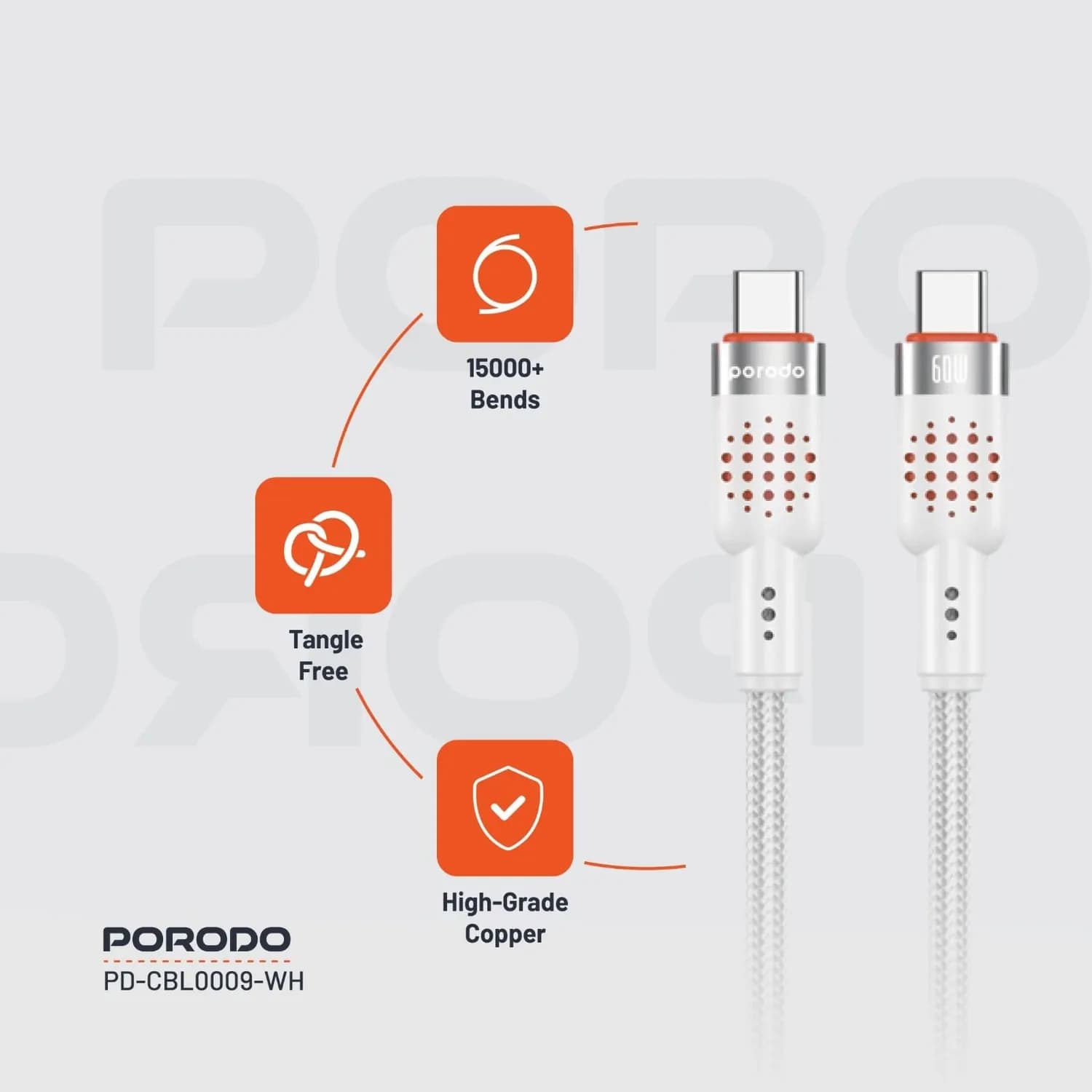 Porodo USB-C Cable - Braided Aluminum, 1.2m, 60W PD, White — Titanium White 4