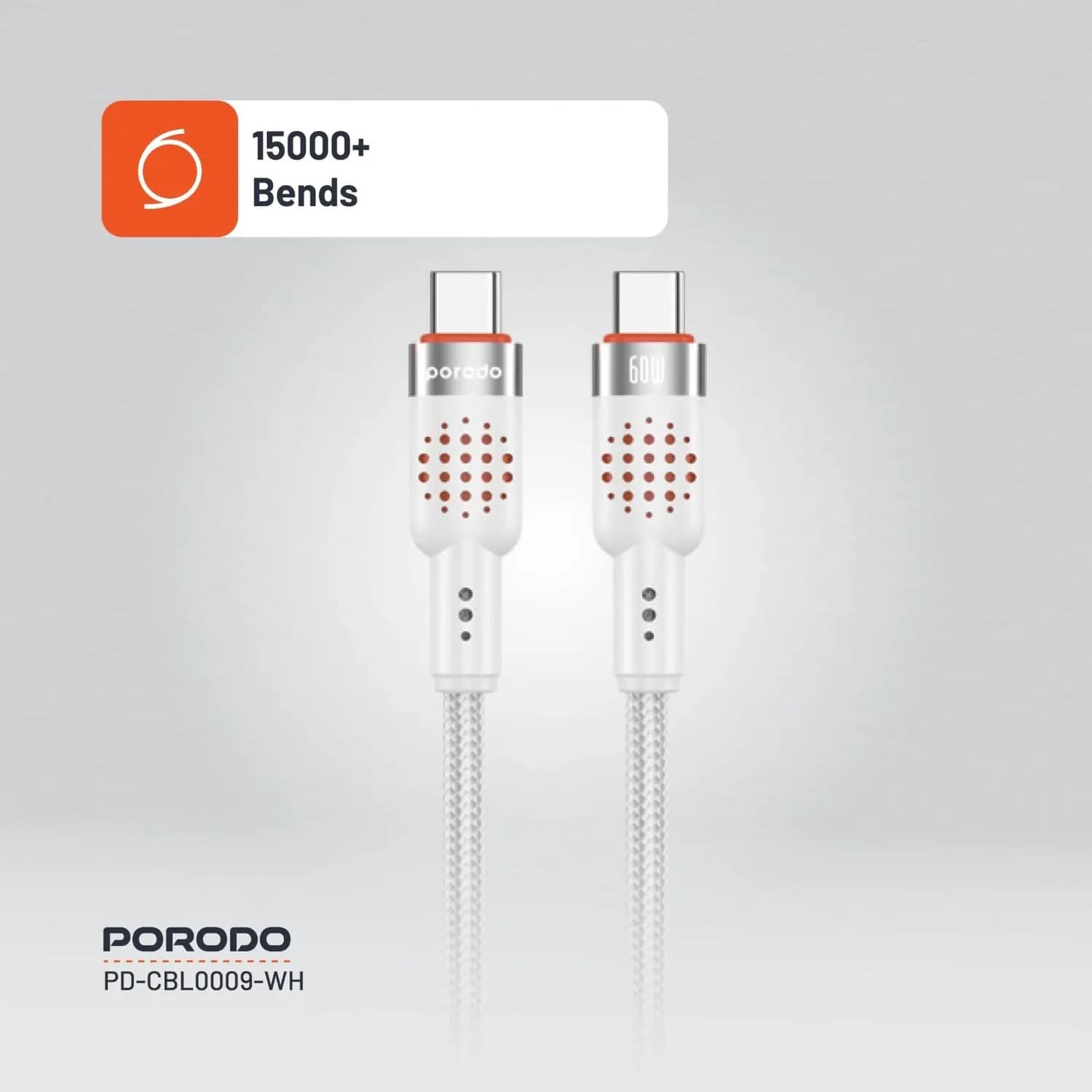 Porodo USB-C Cable - Braided Aluminum, 1.2m, 60W PD, White — Titanium White 5
