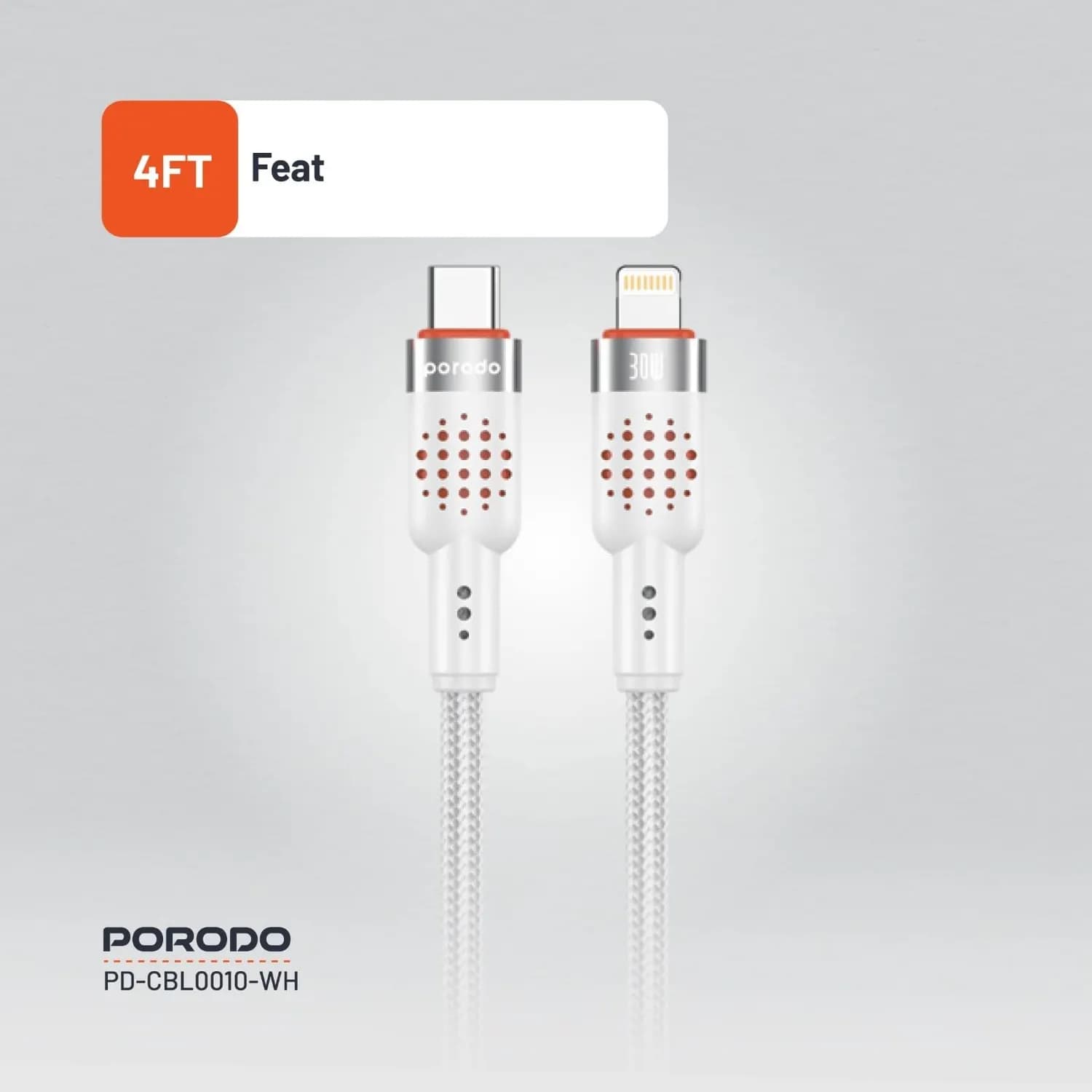 Porodo USB-C to Lightning Cable - 1.2m Braided, Fast Charging White — White 5